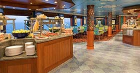 Pride of America cruise ship Aloha Café with indoor and outdoor seating and a ki