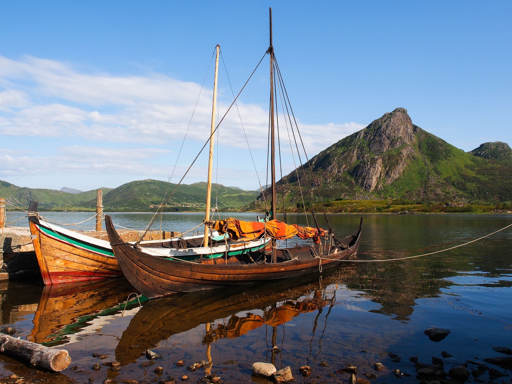 Replicas of Viking`s boats. Lofoten Islands. 