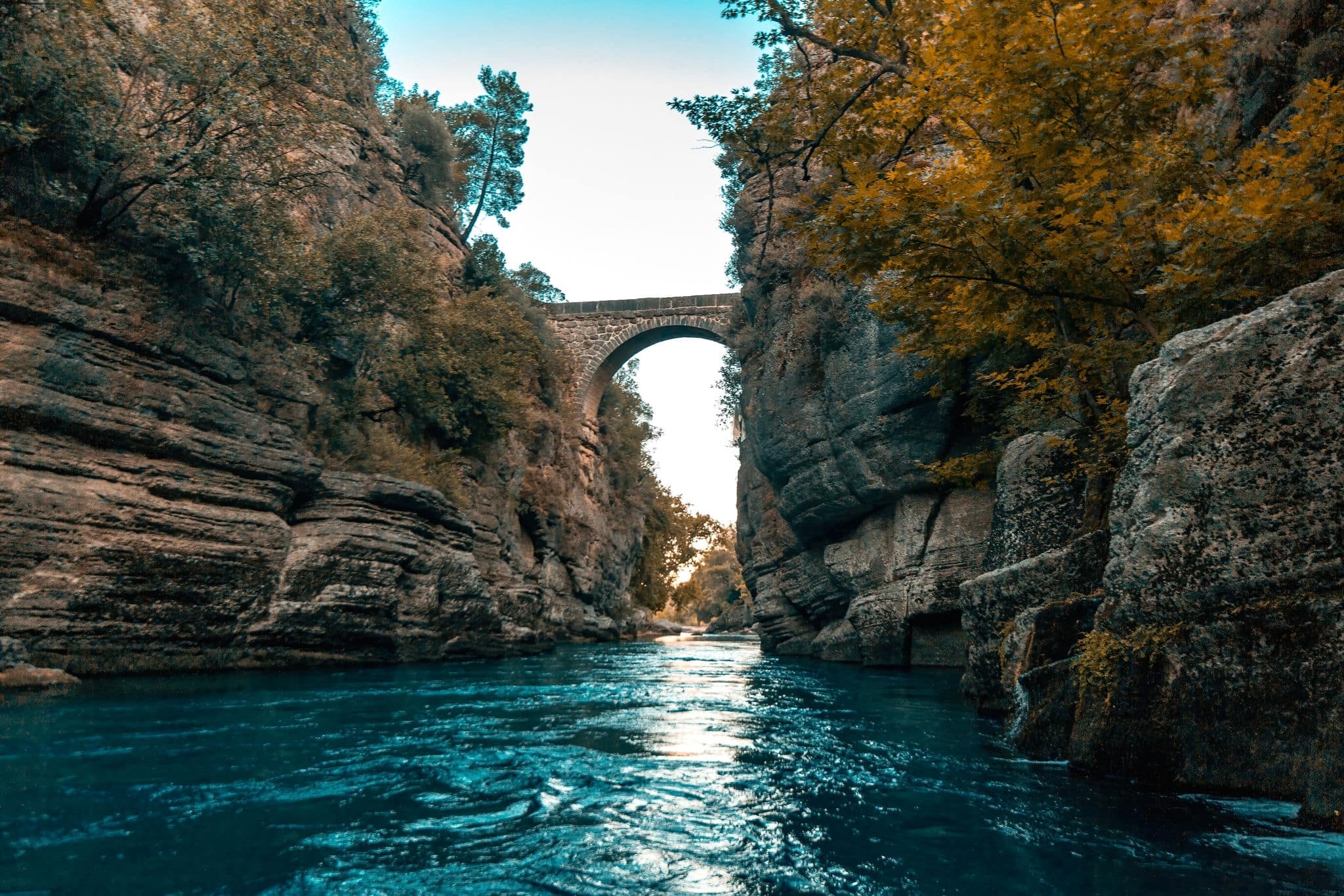 Bridge Canyon. View of Kopru Stream and Koprulu Canyon. The National Park is located in Antalya province of Turkey. The Roman Oluklu bridge passes over the canyon.