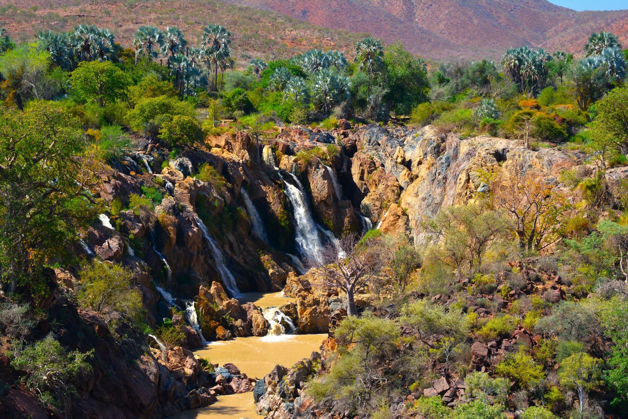 Epupa Falls (also known as Monte Negro Falls) - a series of large waterfalls formed by the Cunene River on the border of Angola and Namibia, in the Kaokoland area (Africa)