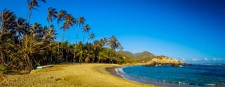 Beautiful beach panorama view of Tayrona National Park, protected area in the caribbean region of Colombia