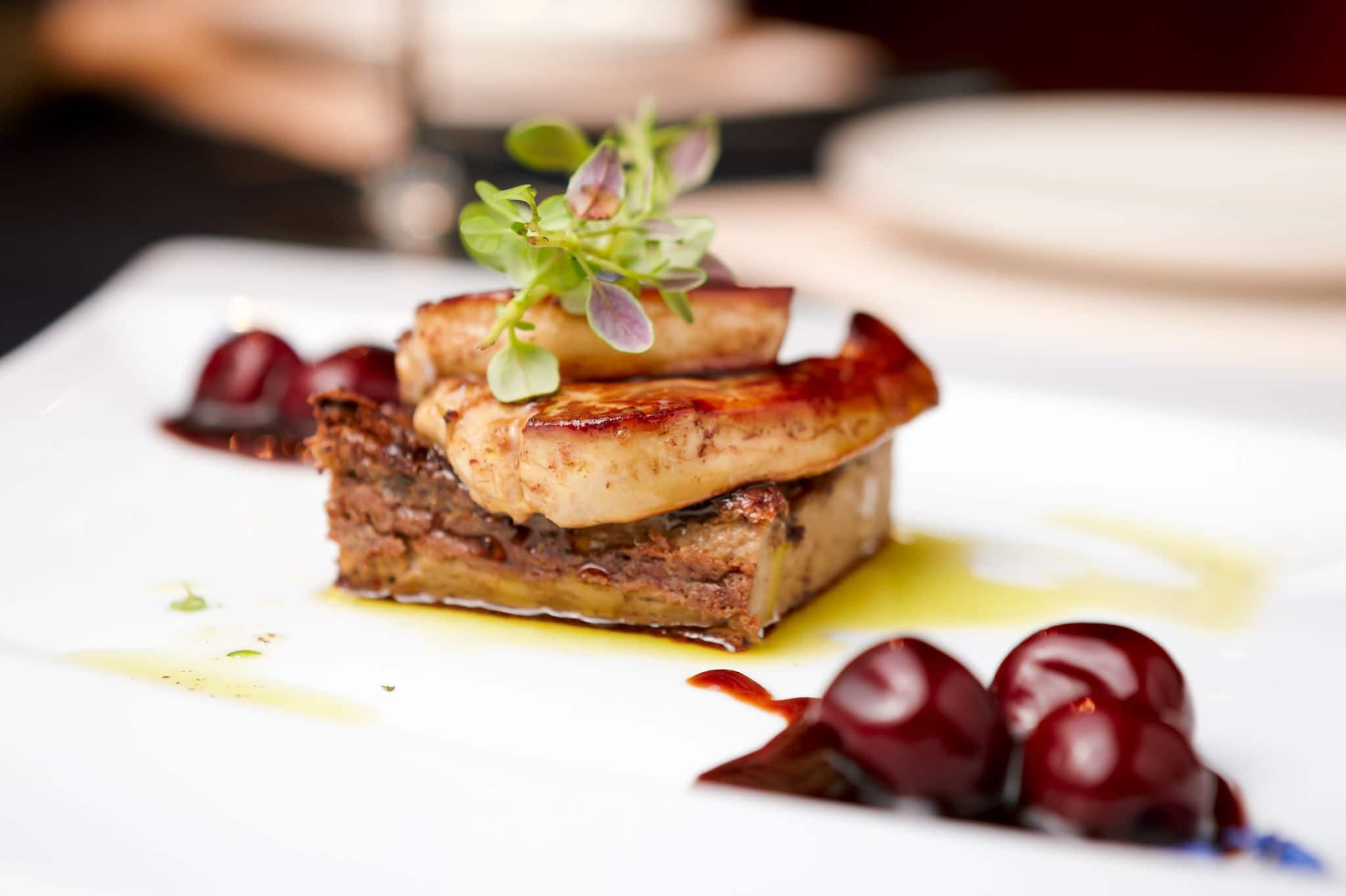 Fried foie gras with cherry sauce and figs