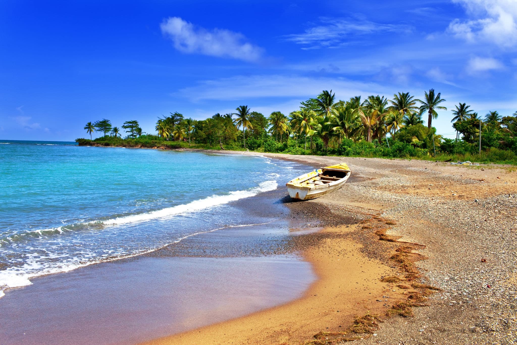 Jamaica. A national boat on sandy coast of a bay