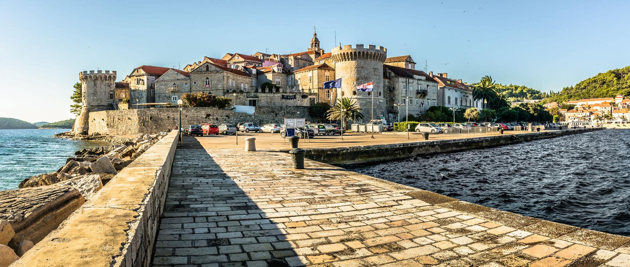 Panorama of old historic town Korcula, popular touristic destination in Croatia, Europe. / Korcula town panorama. / Selective focus.