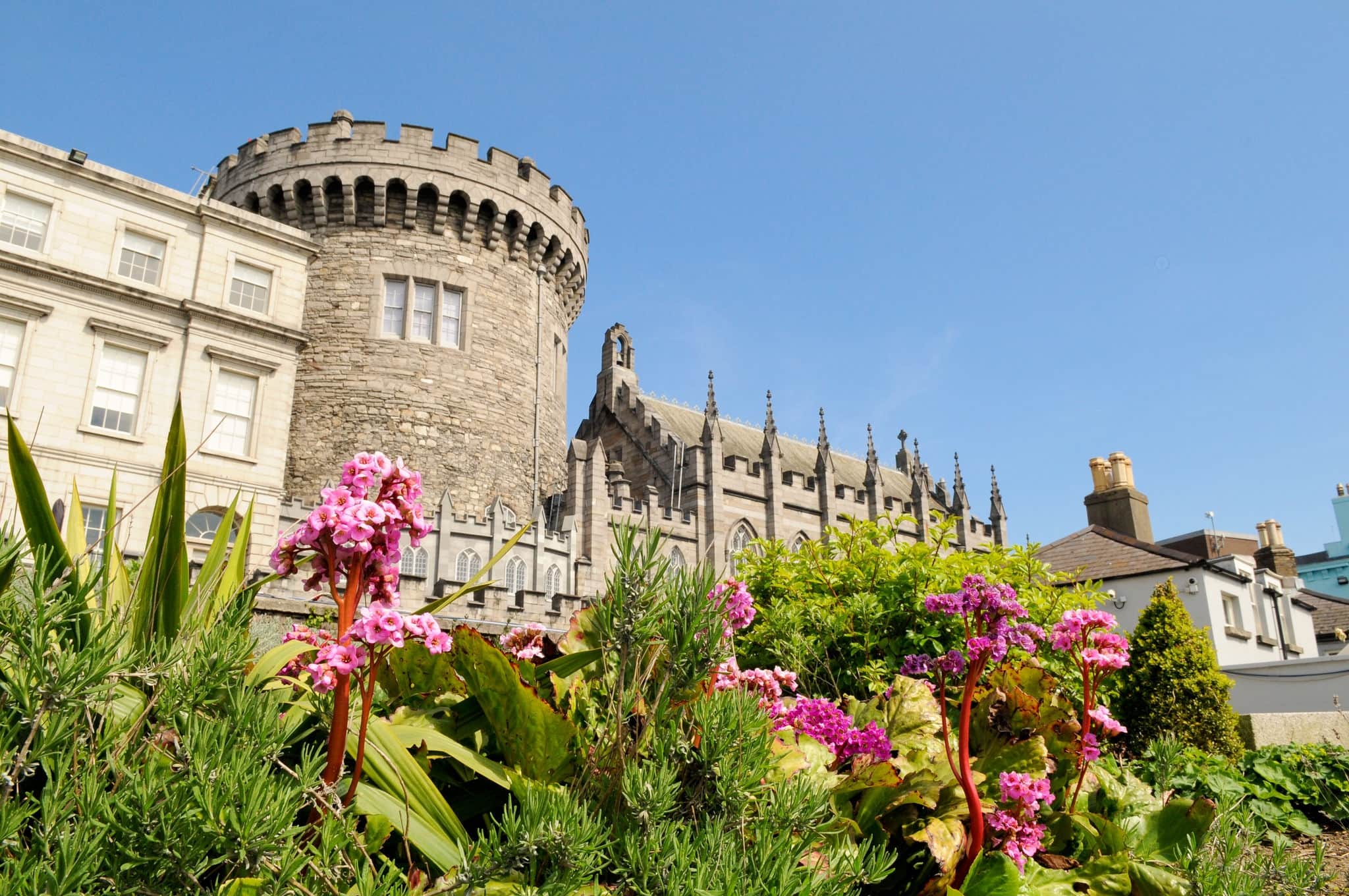 Dublin Castle from Dubh Linn gardens on a sunny spring day, Dublin, Ireland
