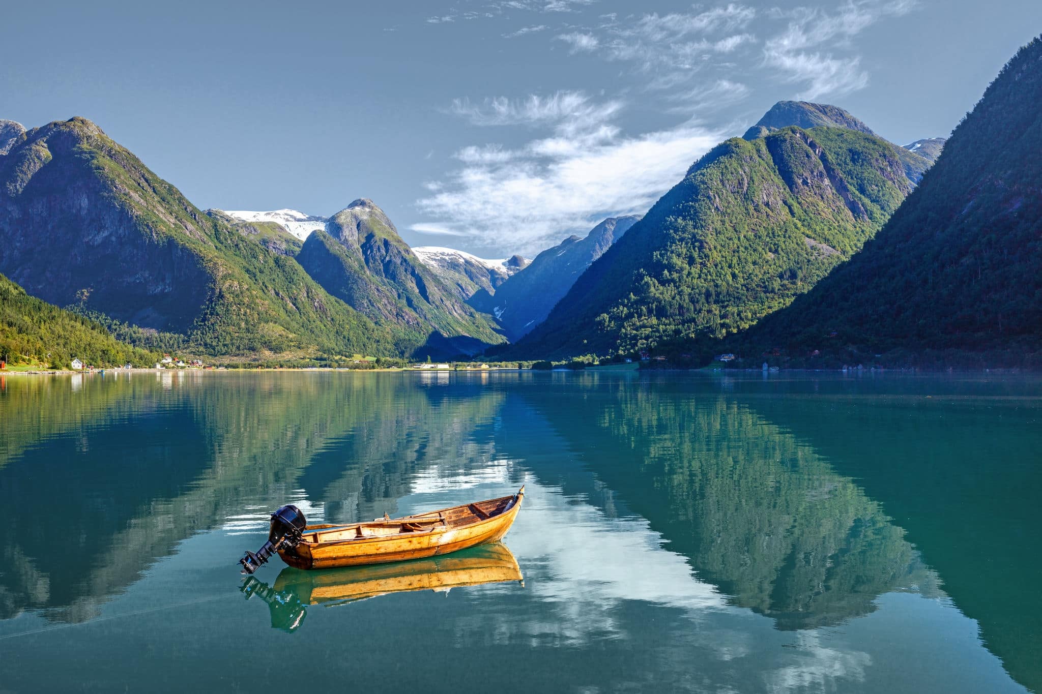 Boat, fjord and mountain. Amazing nature view. Beautiful reflection. Location: Scandinavian Mountains, Norway. Artistic picture Beauty world