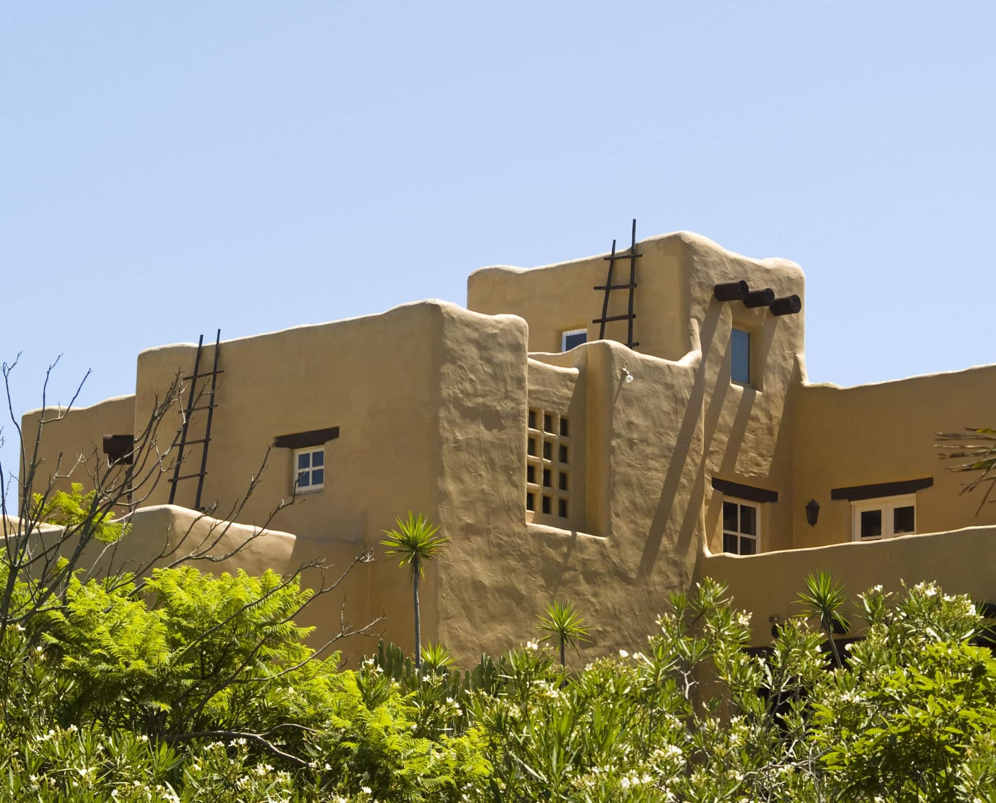 Pueblo style modern home in Santa Barbara, California built in architectural style mimicking that of Pueblo Indians of Southwest