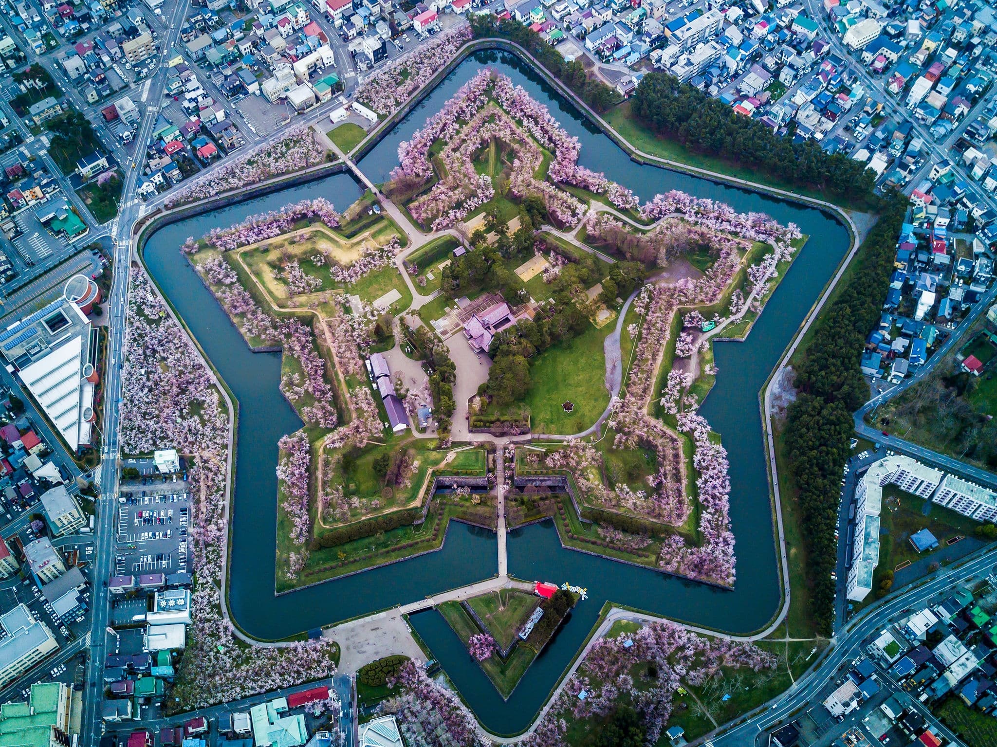 Aerial Top view of Fort Goryokaku with cherry blossom, Build for protect city from enemy in  Star Shape. This place is a famous to visit in Hakodate, Hokkaido Japan