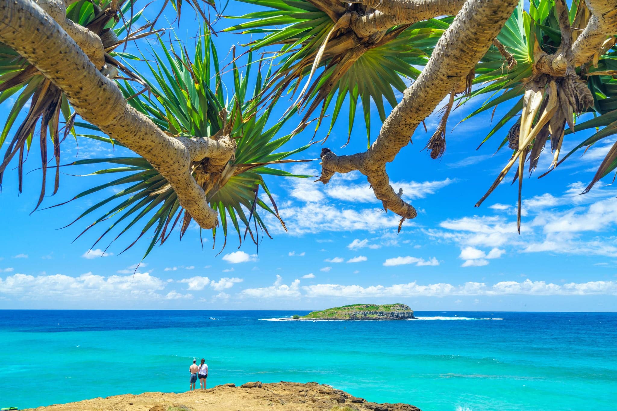 A couple at Fingal Heads looking at Cook Island on the Tweed Coast in Northern NSW in Australia