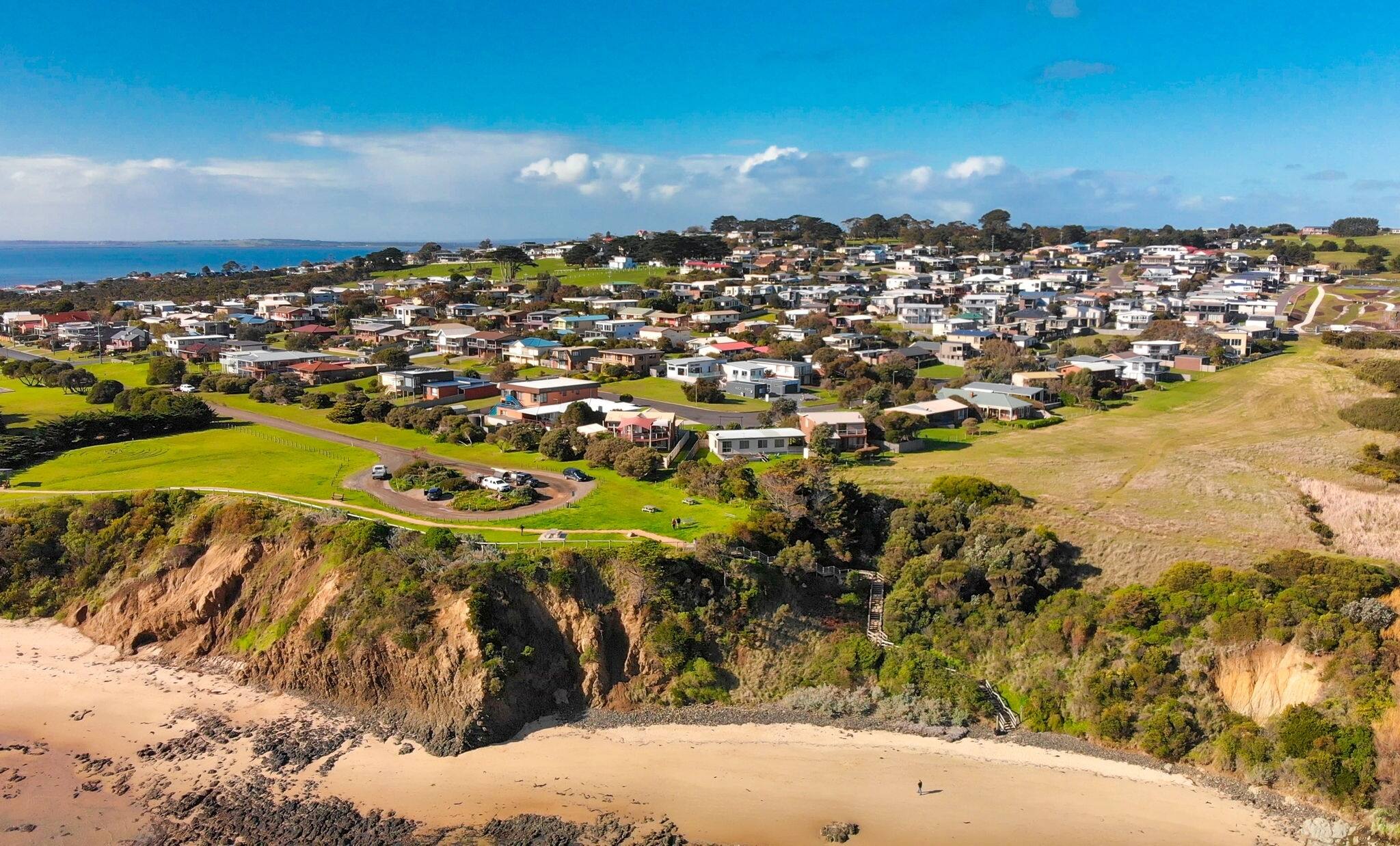 Aerial view of San Remo coastline near Phillip Island, Australia.