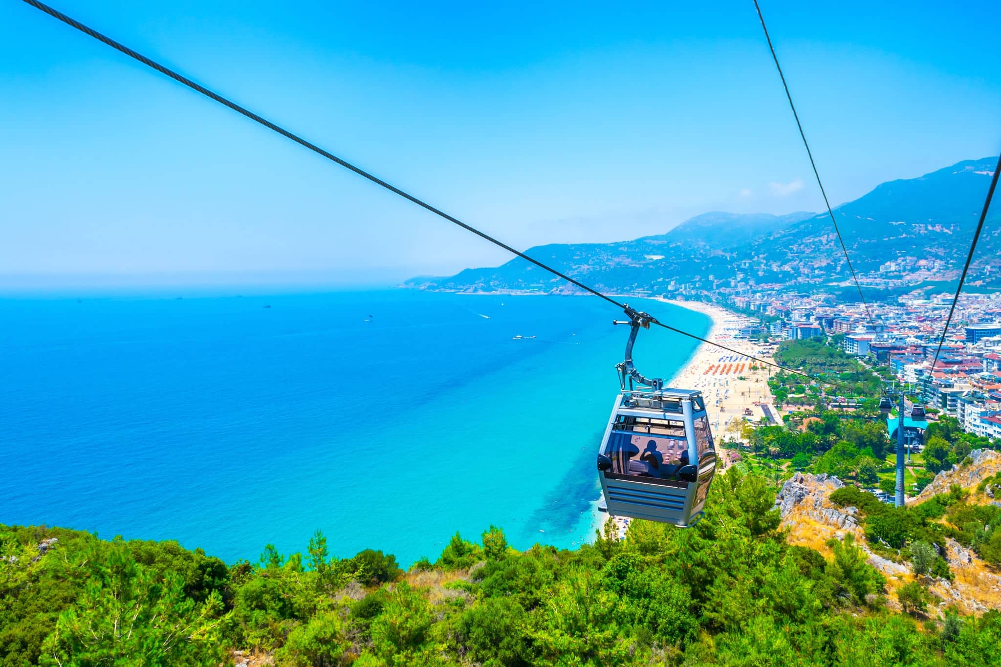 Cable car over Cleopatra beach in Alanya, Turkey. The cable car ride (funicular) to the top of the castle Alanya