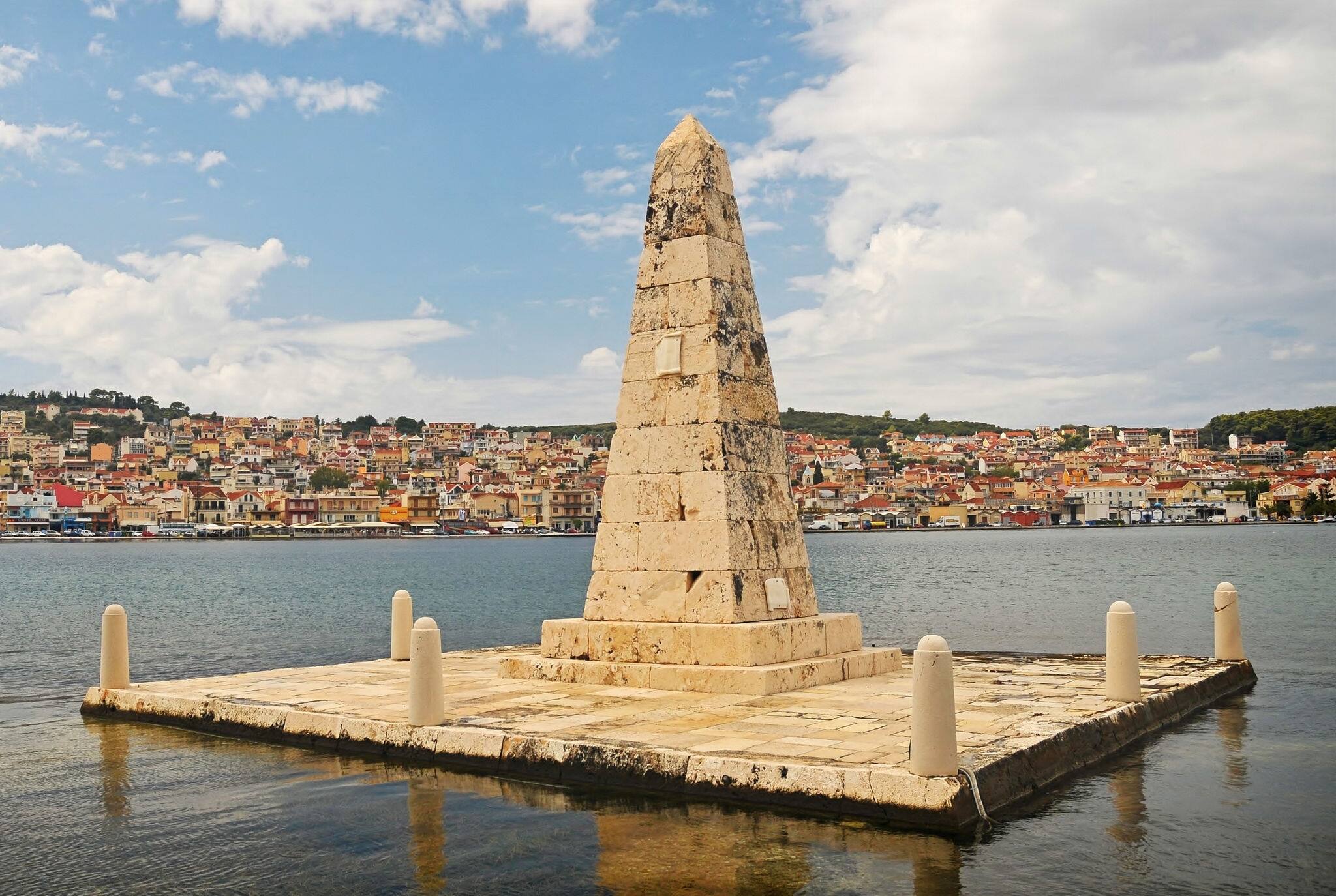 Obelisk - a symbol of freedom. Port of Argostoli, Kefalonia, Greece