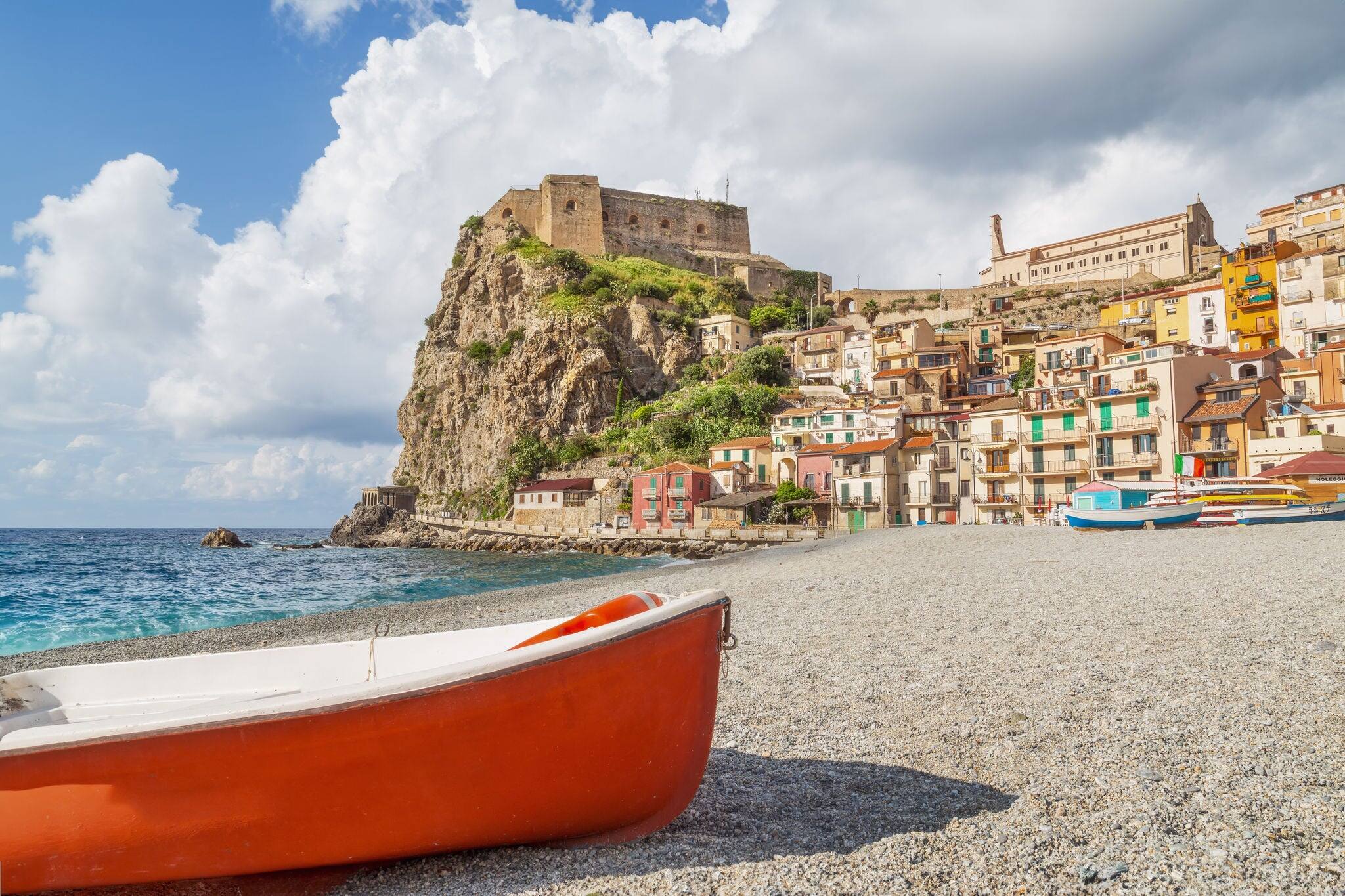 Beach of Scilla with Castello Ruffo, Calabria, Italy