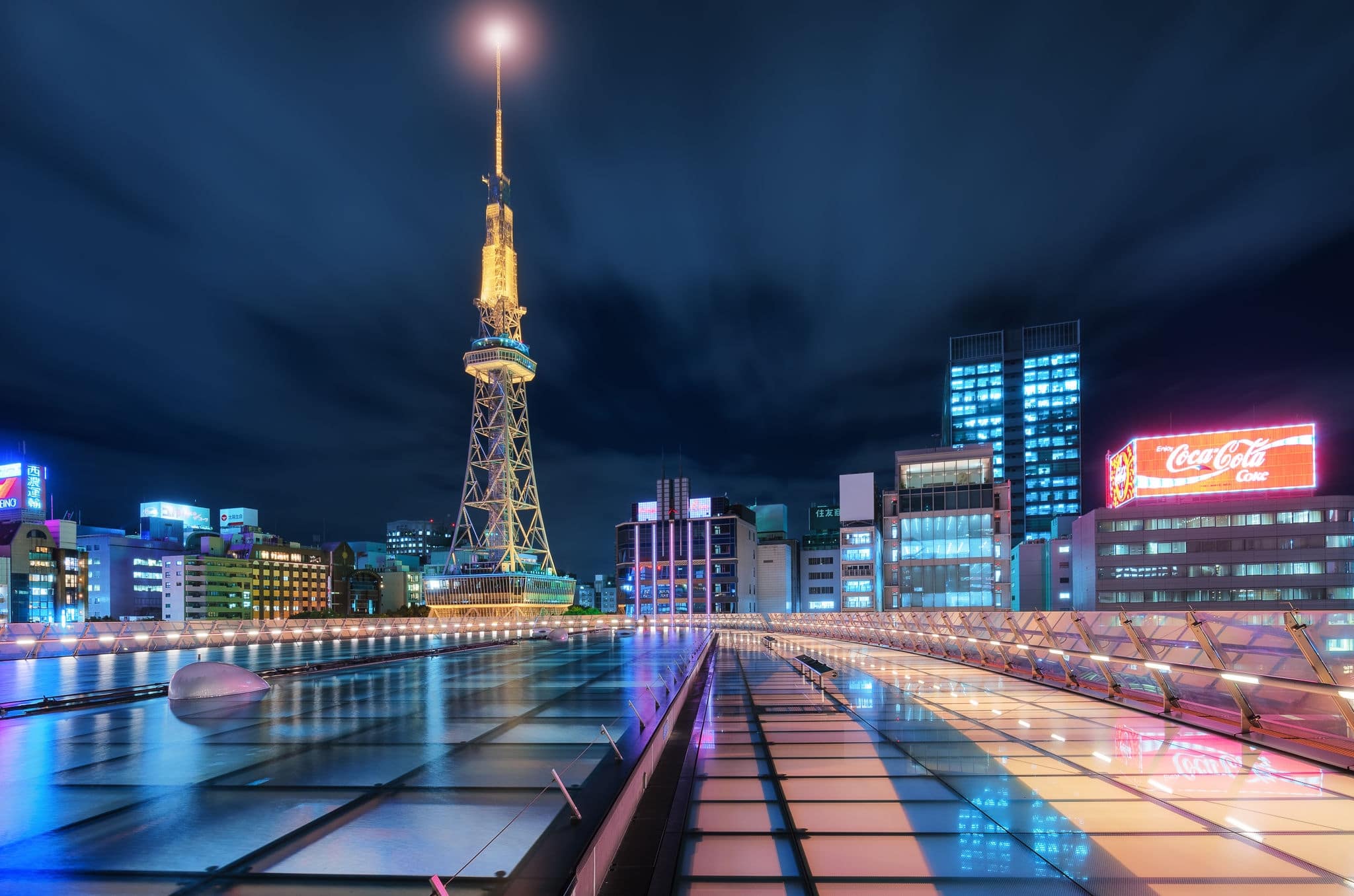 Nagoya, Japan - Nov 9, 2016 : Nagoya TV tower and Oasis 21 dazzling shine among the city of Nagoya. Nagoya TV tower and Oasis 21 building are the well known landmarks of Nagoya, Japan.