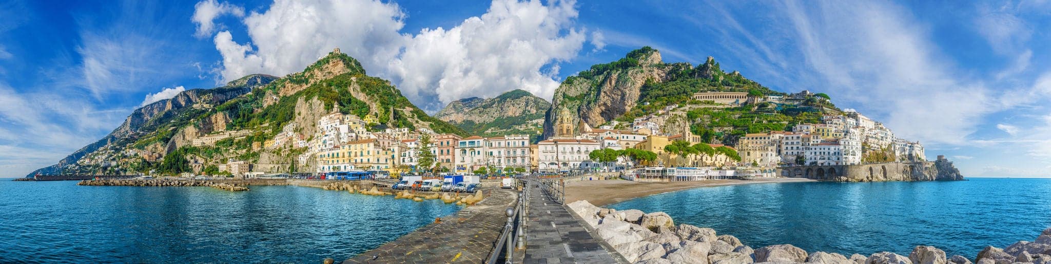 Panorama of Amalfi, Italy the main town of the coast on which it is located taken from the sea. Amalfi situated in province of Salerno, in the region of Campania, on the Gulf of Salerno.