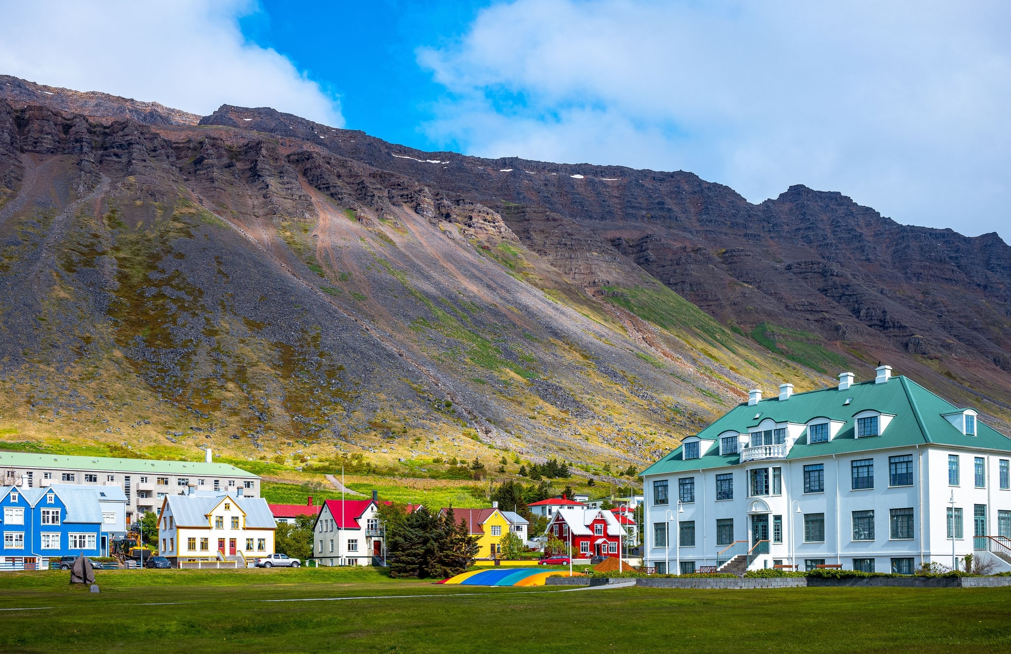 Isafjordur, Iceland, the houses in traditional style that overlook the Tungata square