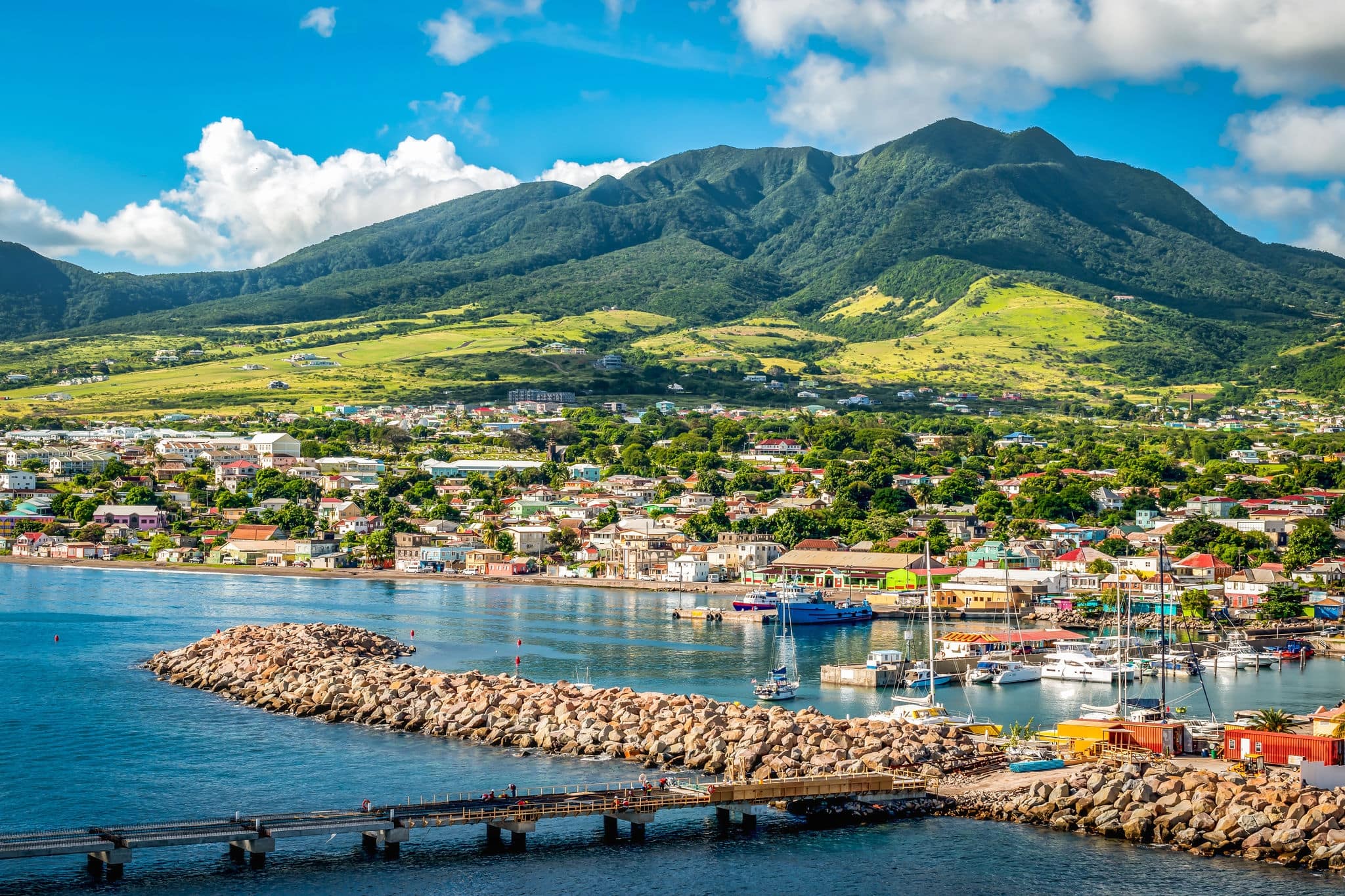 Landscape of St Kitts Island, Leeward Islands. View from cruise port Zante, Basseterre.