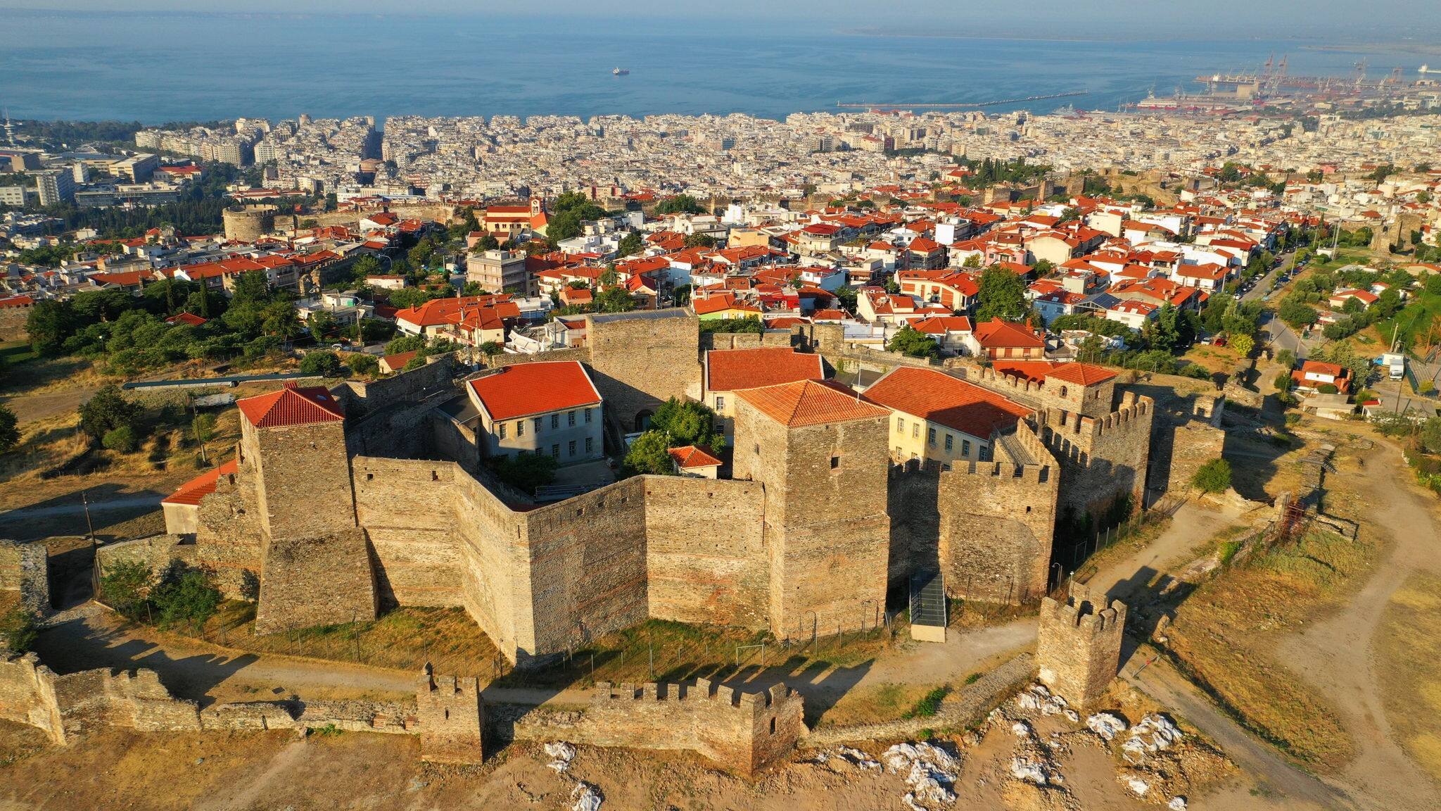 Aerial drone photo of iconic byzantine Eptapyrgio or Yedi Kule medieval fortress overlooking city of Salonica or Thessaloniki, North Greece