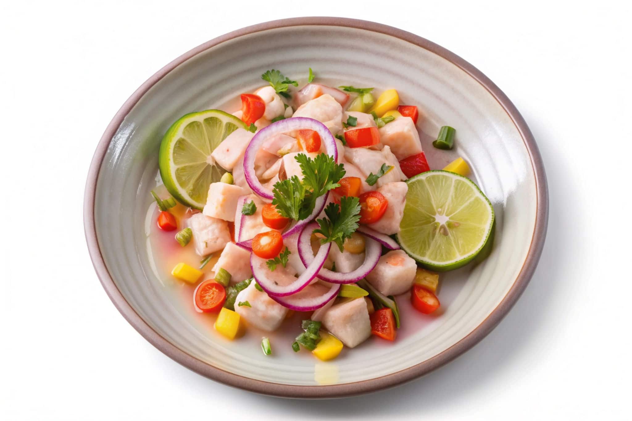 Top view, isolated on white background, of a plate of ceviche.