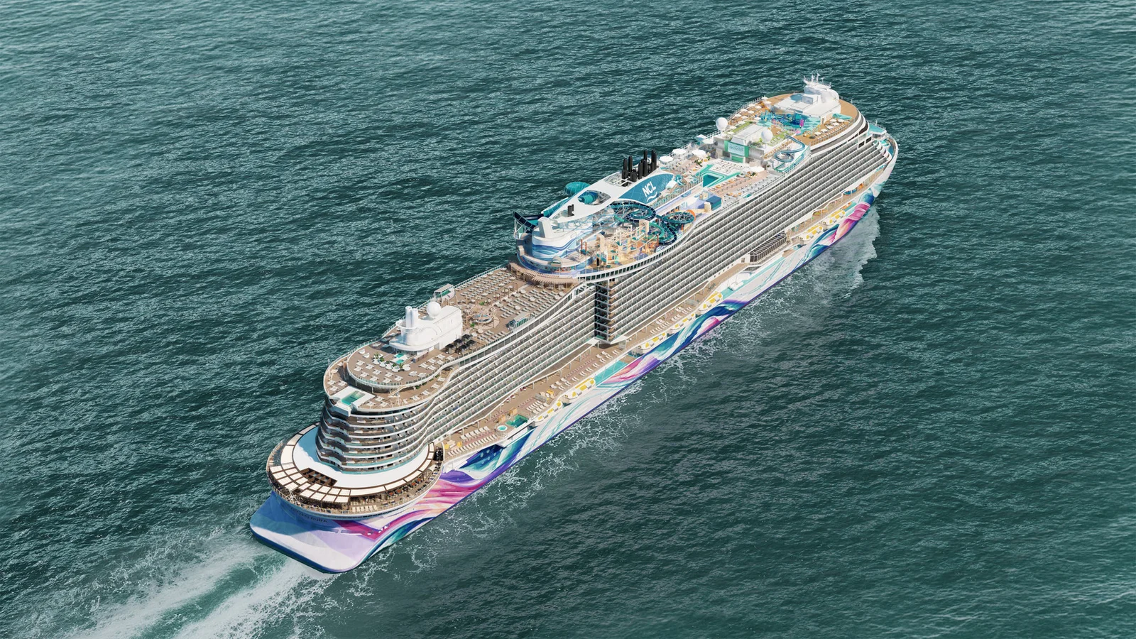 Norwegian Aura cruise ship viewed from above at sea
