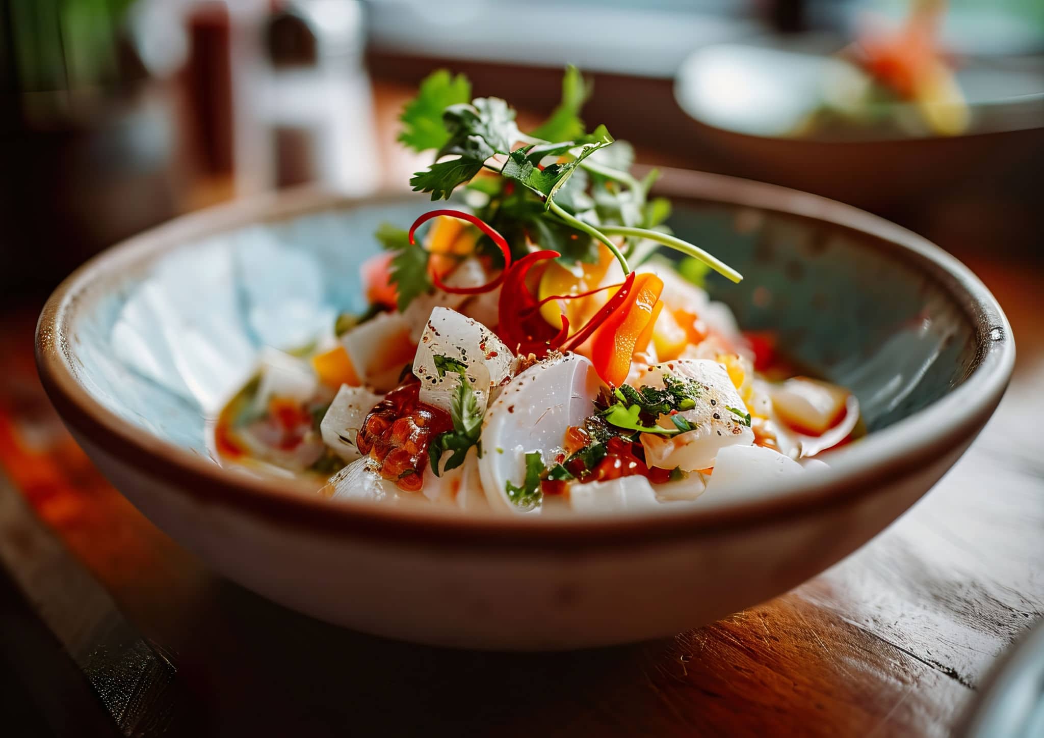 Ceviche served in a clear bowl with lime and garnishes