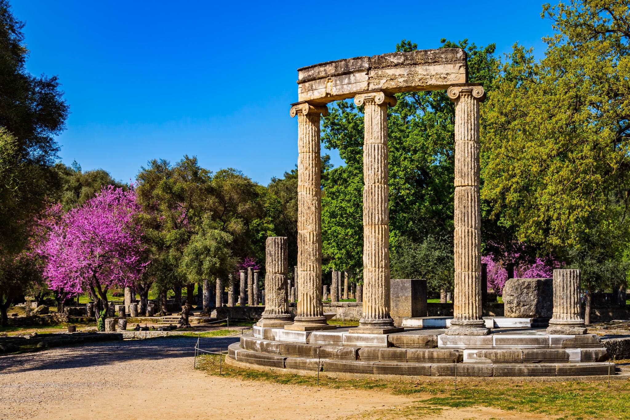 The ruins of Ancient Olympia with blooming cercis tree. Greece.