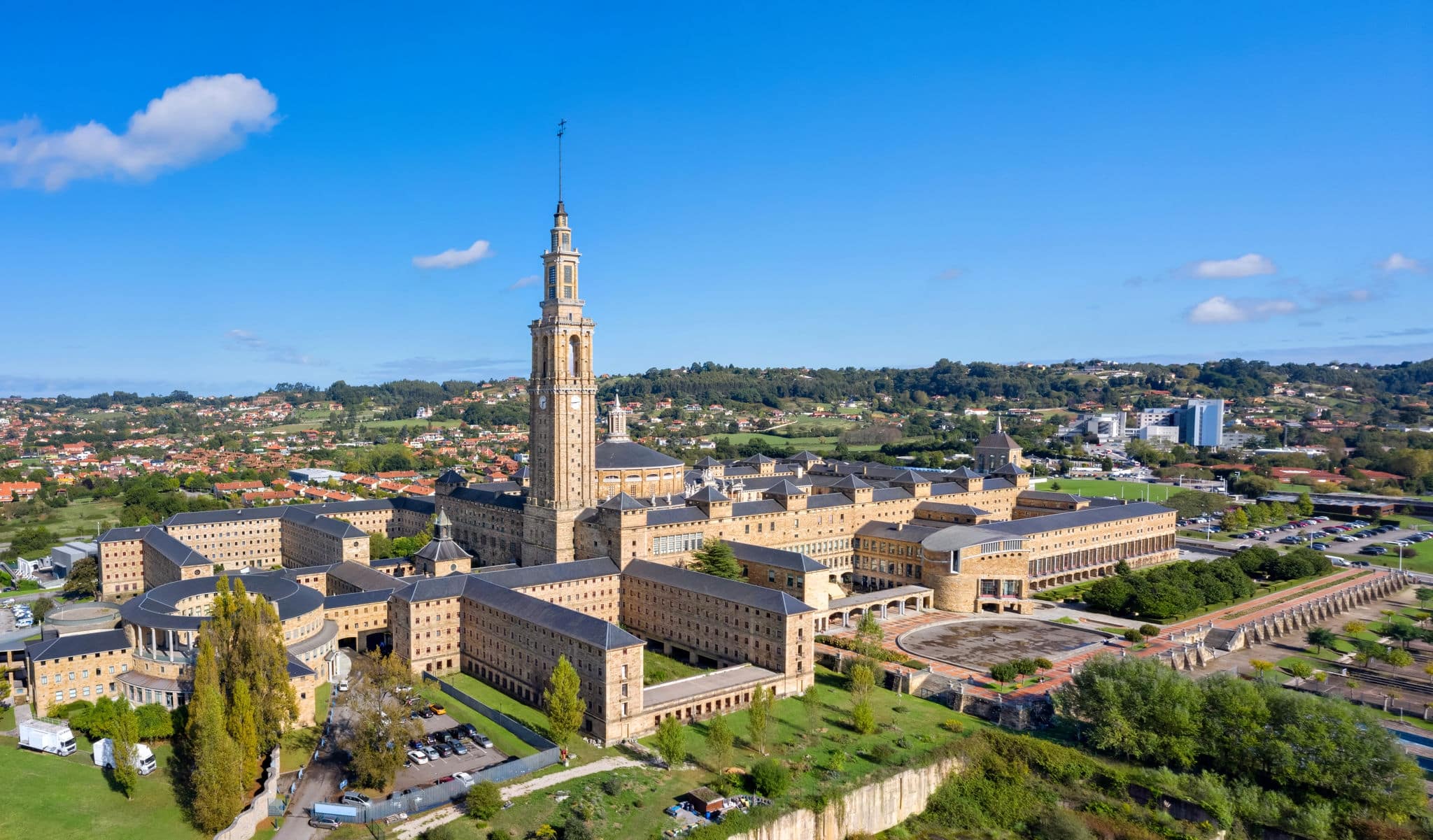 Aerial view of Neo-Herrerian building of Universidad Laboral de Gijon