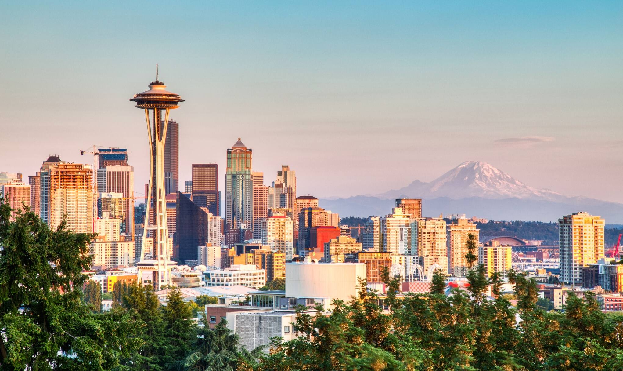 Seattle Cityscape with Mt. Rainier in the Background at Sunset, Washington, USA