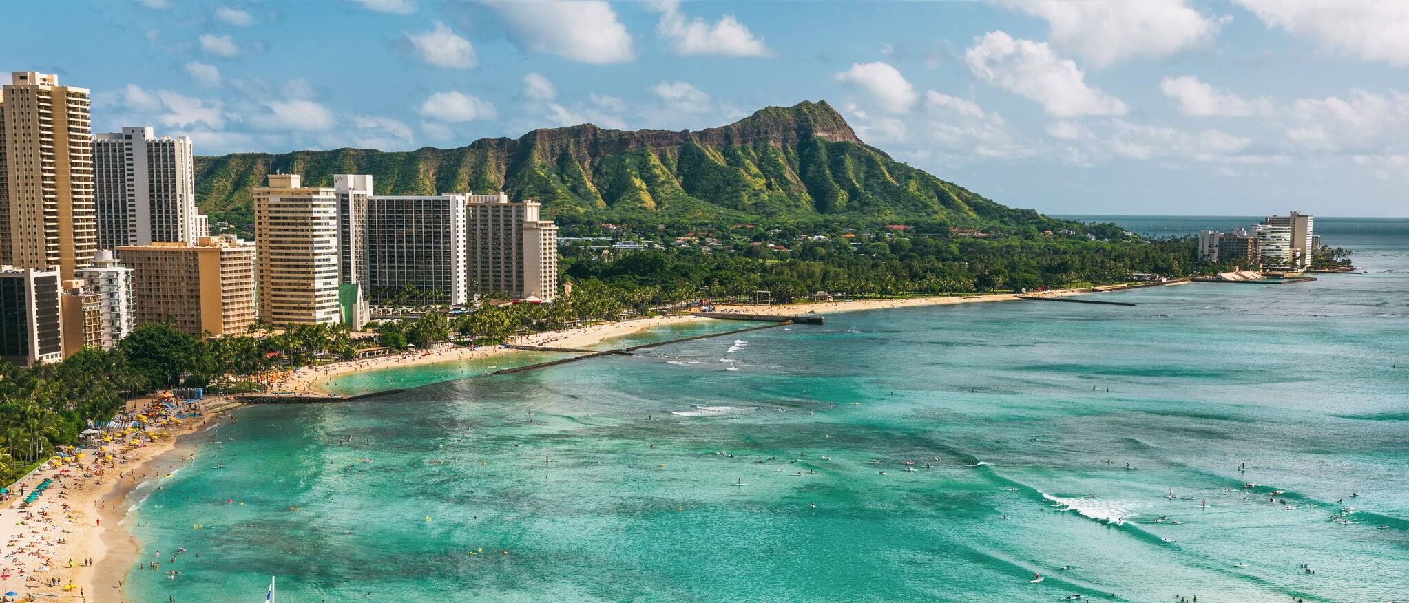 Hawaii beach Honolulu city travel landscape of Waikiki beach and Diamond Head mountain peak at sunset, Oahu island, USA vacation.