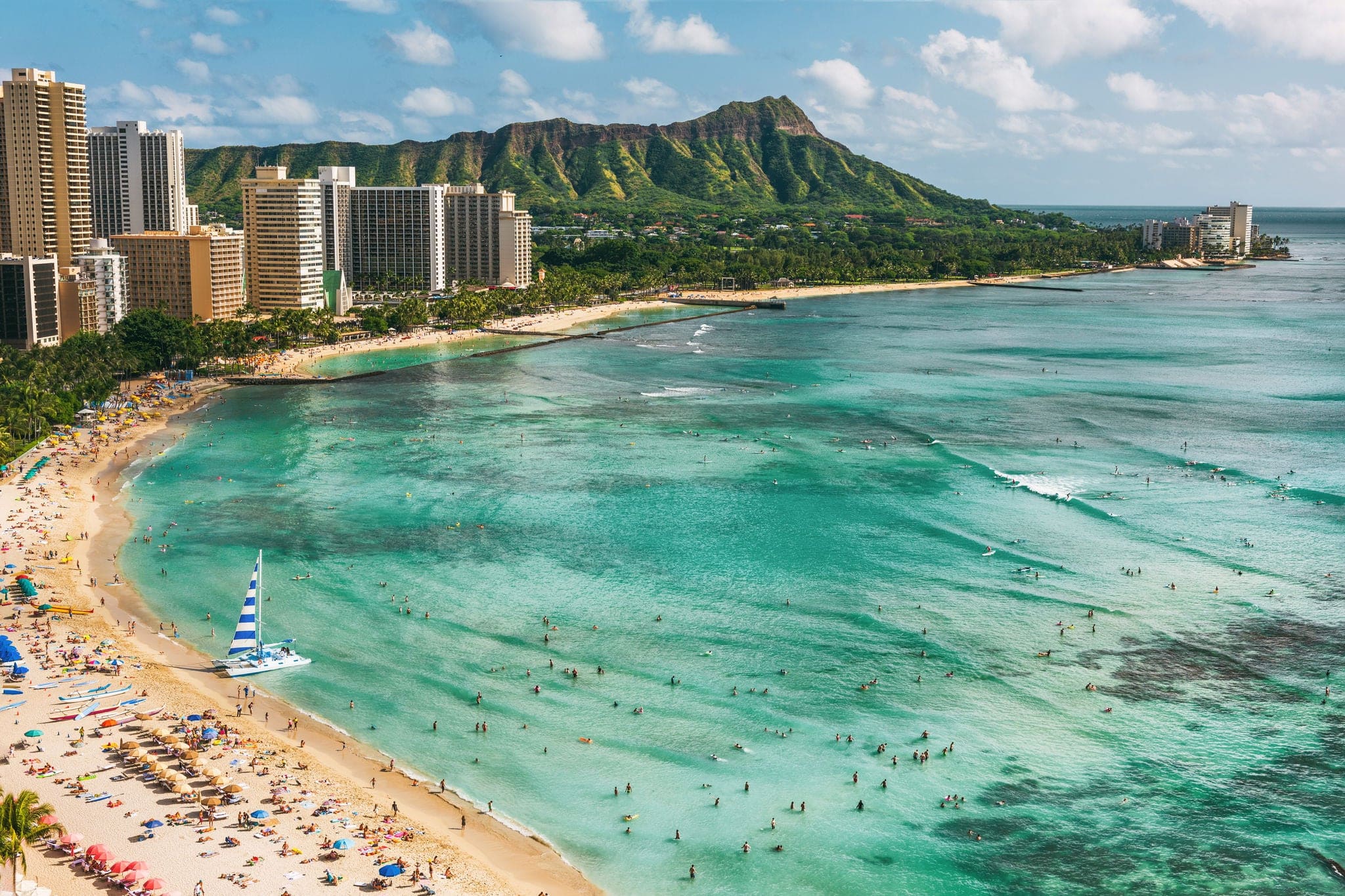 Hawaii beach Honolulu city travel landscape of Waikiki beach and Diamond Head mountain peak at sunset, Oahu island, USA vacation.