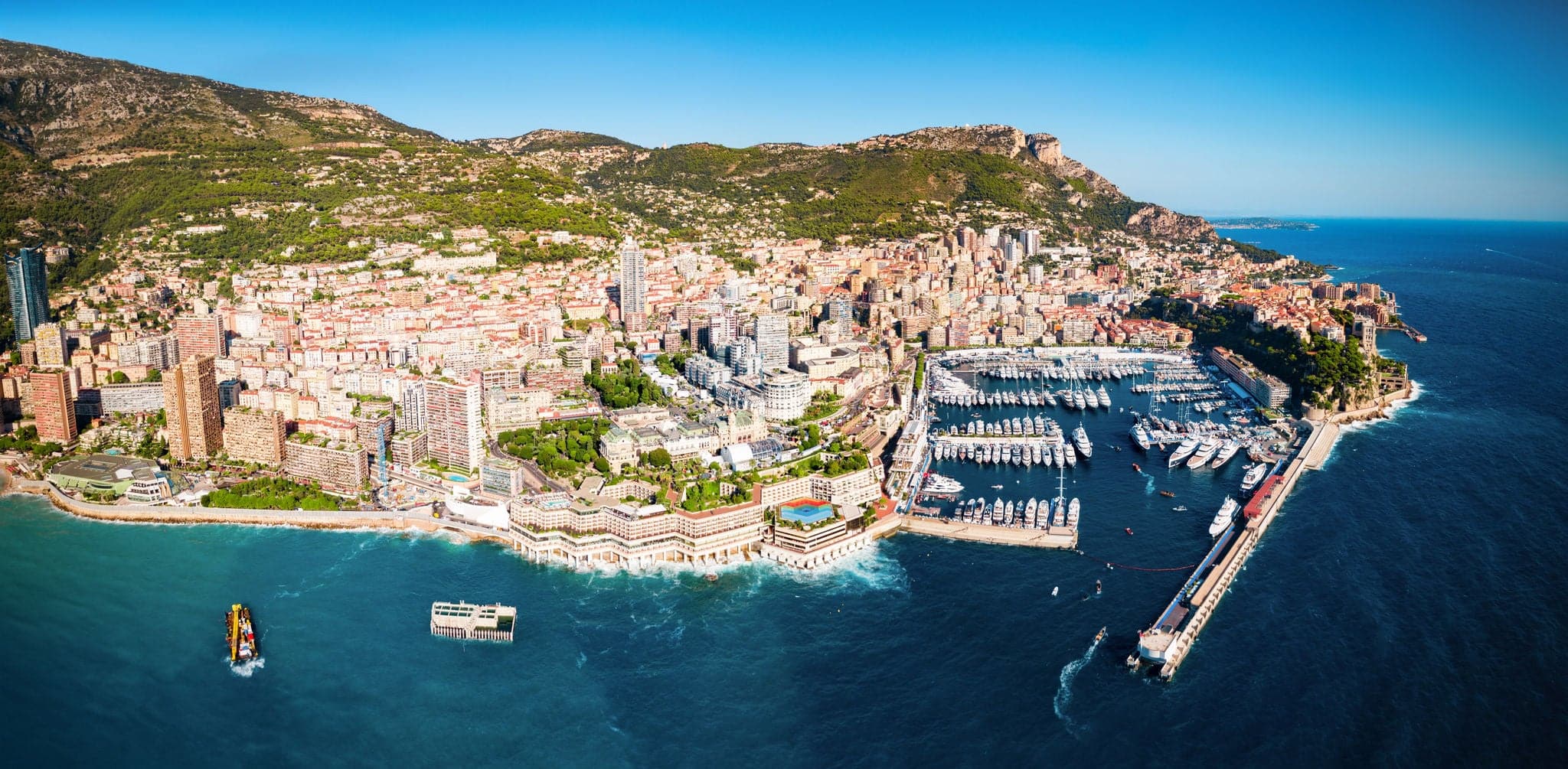 Monte Carlo, Monaco aerial panoramic view. Monaco is a country on the French Riviera near France in Europe.