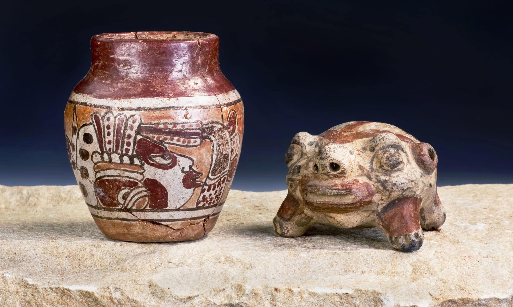 Mayan Pre Columbian warrior vase and turtle rattle made around 600-1000 AD.