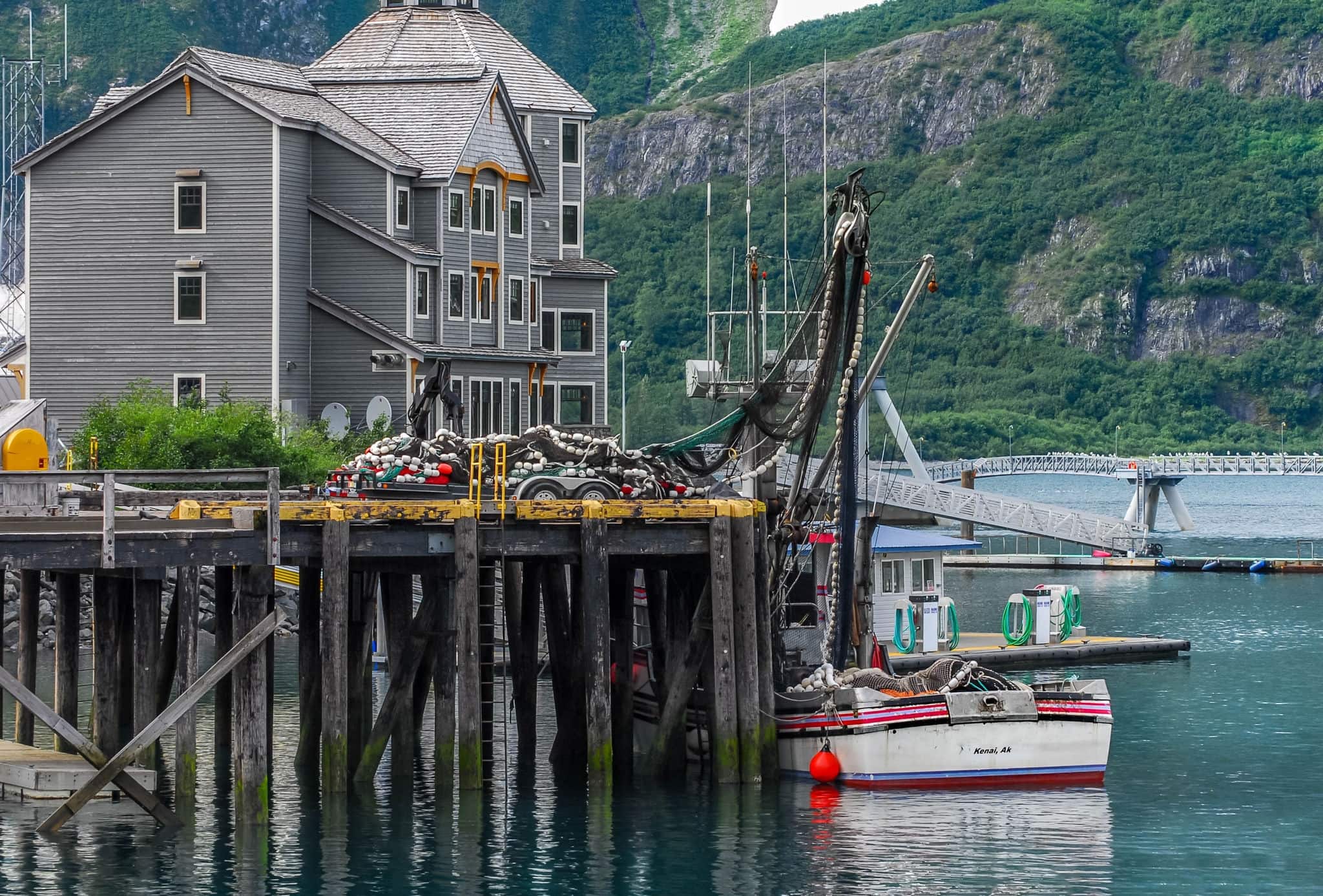 Scenic fishing pier in Whittier Alaska on Prince William Sound