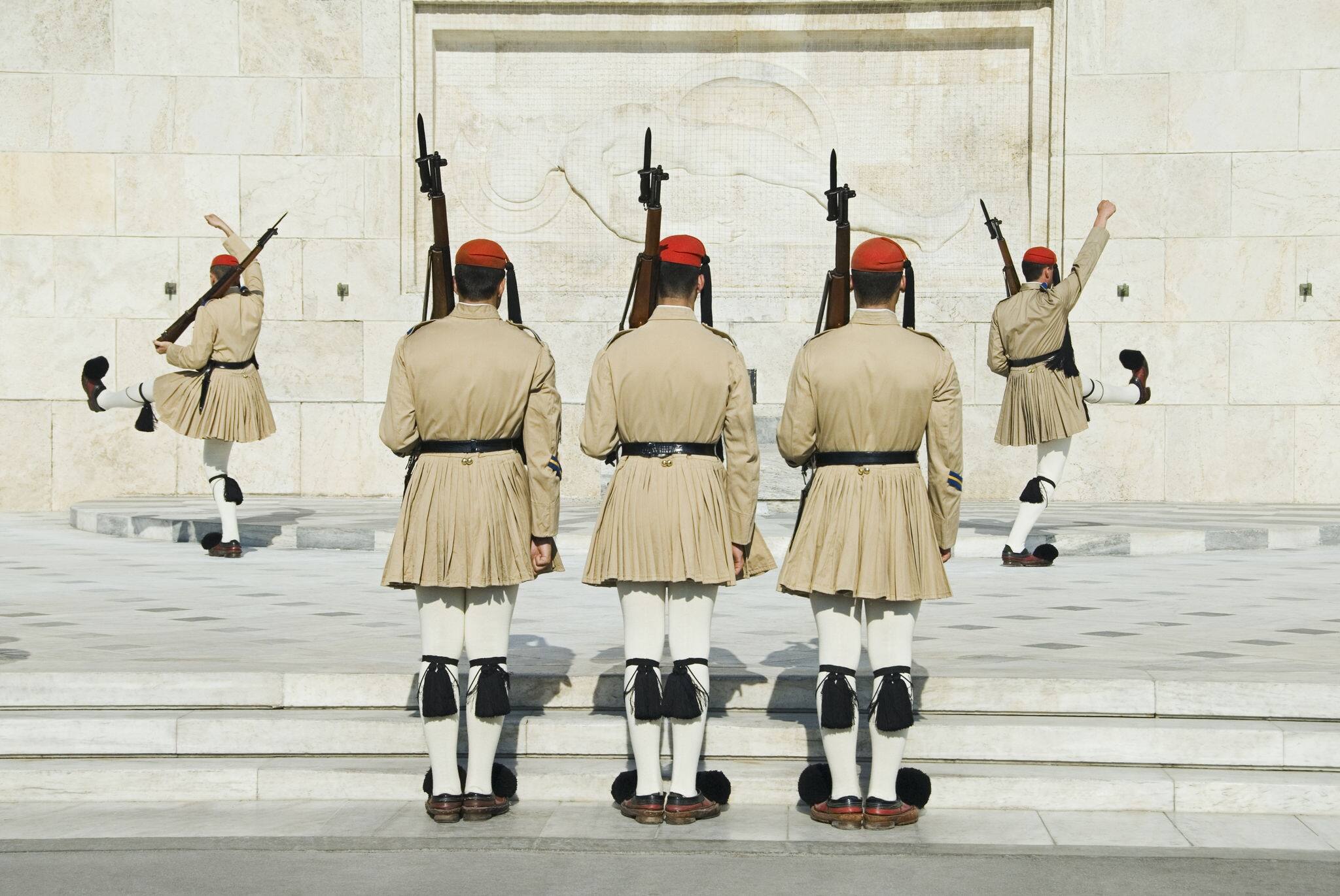 Royal guards at a monument, Tomb of The Unknown Soldier, Syntagma Square, Athens, Greece