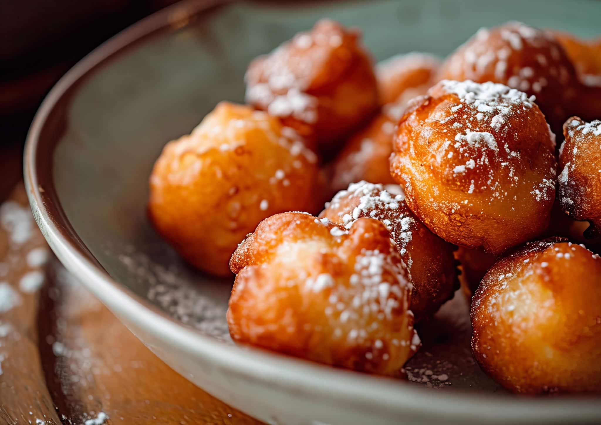 Loukoumades, traditional Greek donuts, presented in a decorative bowl. Shot from an angle view to highlight the golden texture and honey drizzle, professional food photography.