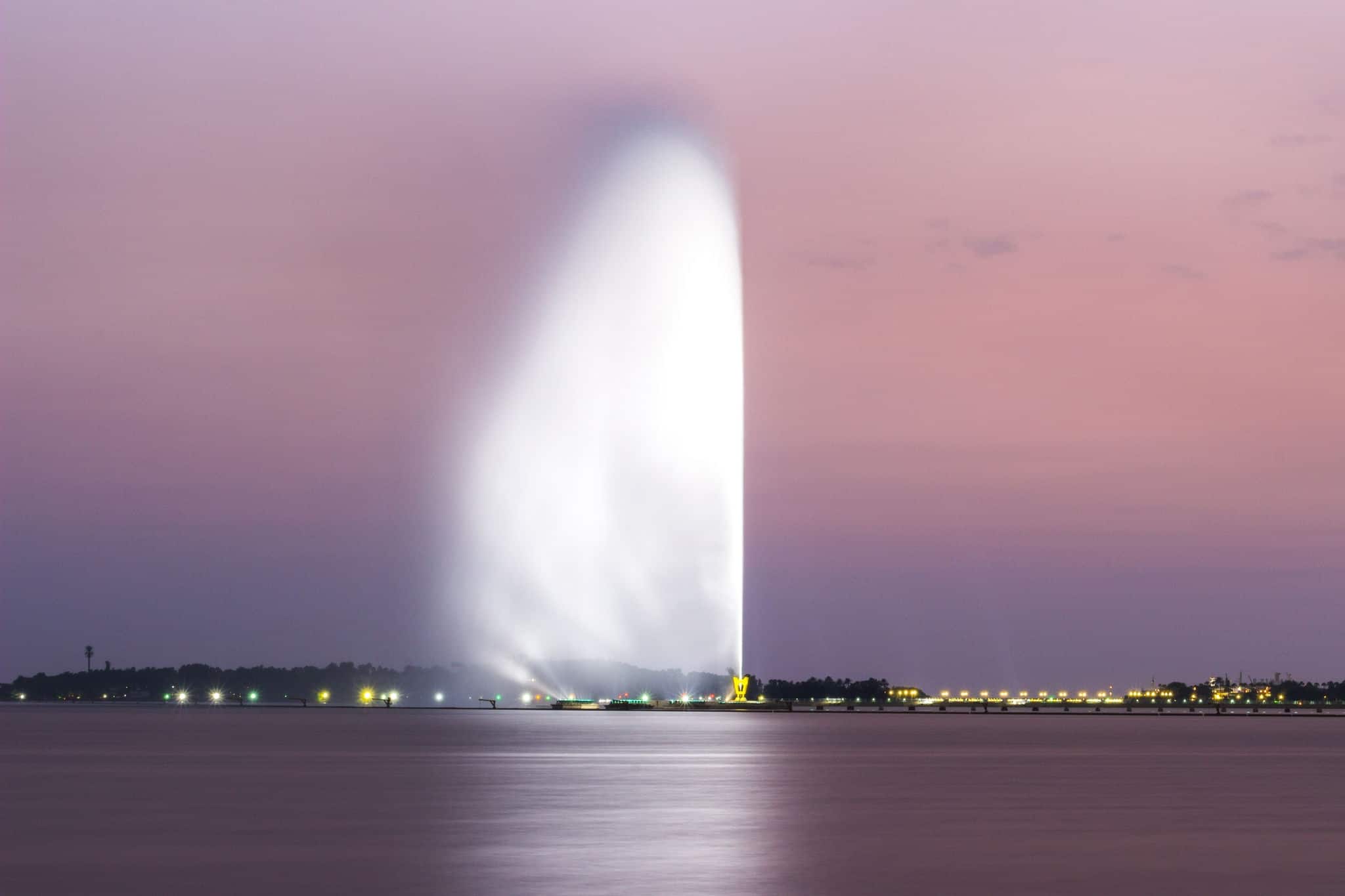 King Fahd's fountain in Jeddah jets water in the air with night illumination. The biggest fountain in the world. Jeddah. Saudi Arabia, Red Sea