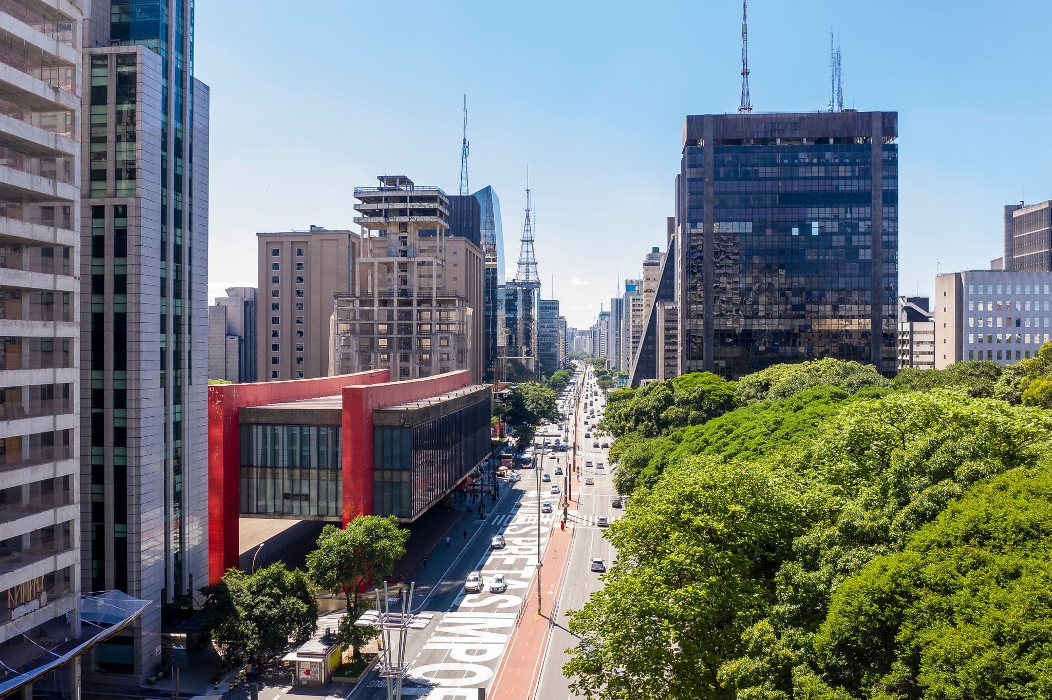 Sao Paulo, Paulista avenue, financial center of Sao Paulo and Brazil and MASP seen from above with its commercial buildings and intense movement of people and cars