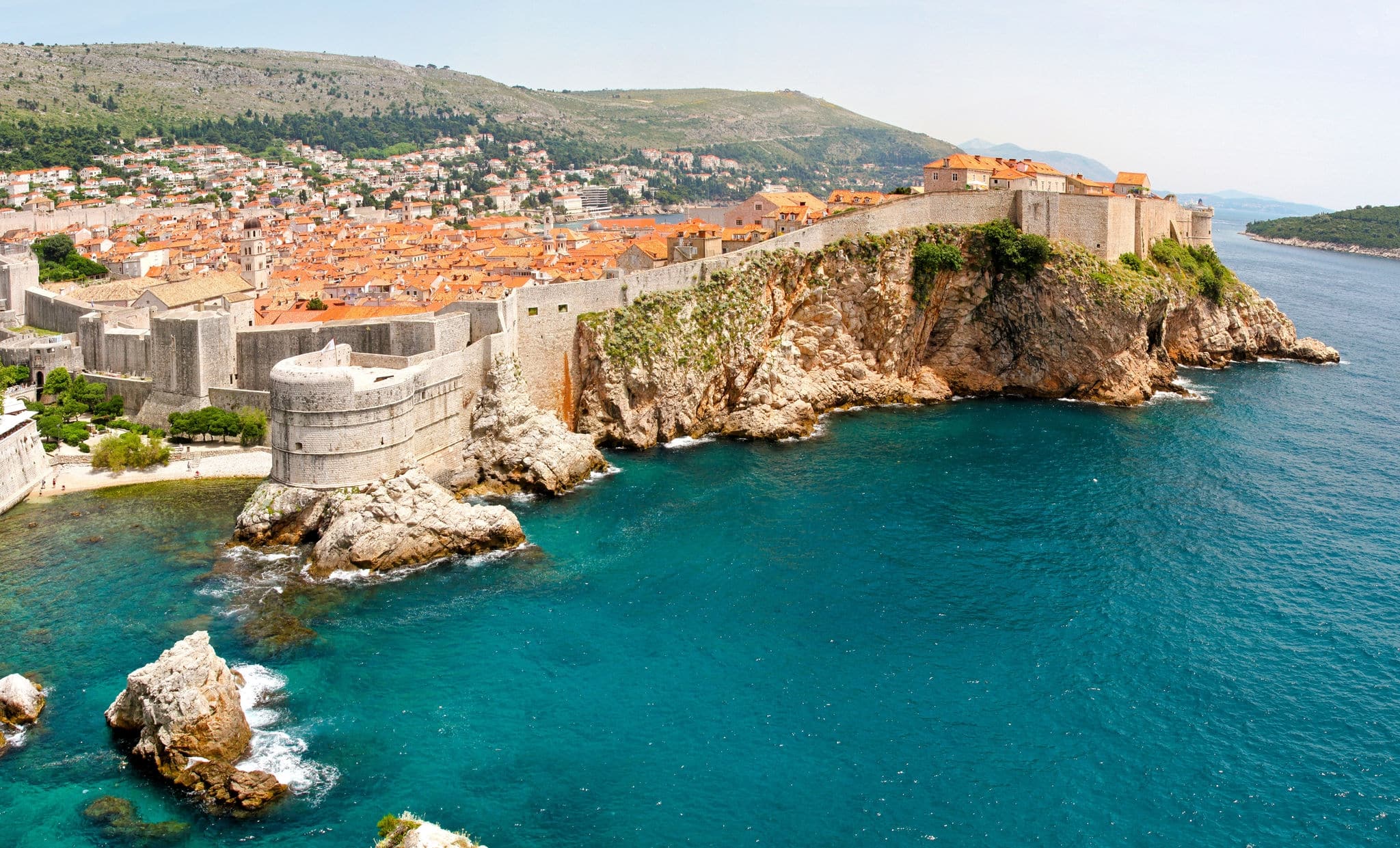 Panoramic aerial photo of old Dubrovnik walls