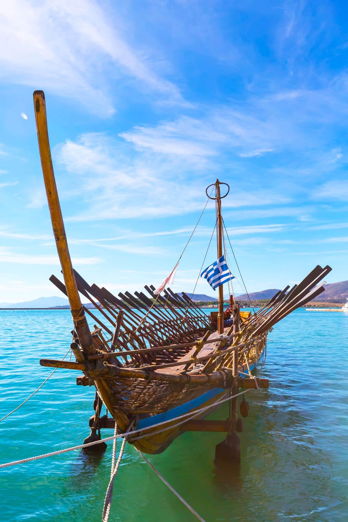 Argo legendary ship copy in port Volos, Greece. Greek mythology Argonauts sailed Argo to retrieve the Golden Fleece