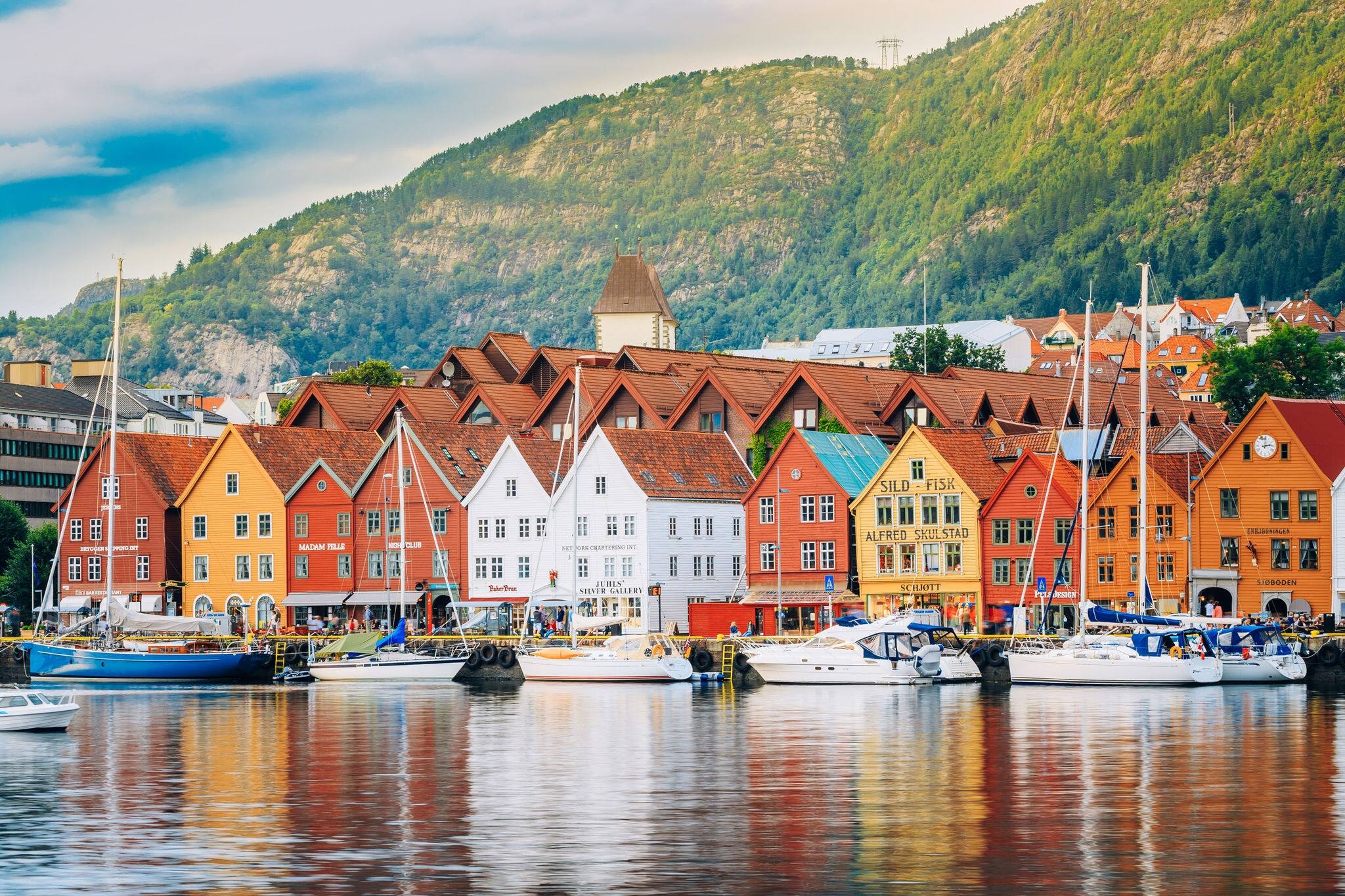 Bergen, Norway - August 3, 2014: View of historical buildings in Bryggen- Hanseatic wharf in Bergen, Norway. UNESCO World Heritage Site