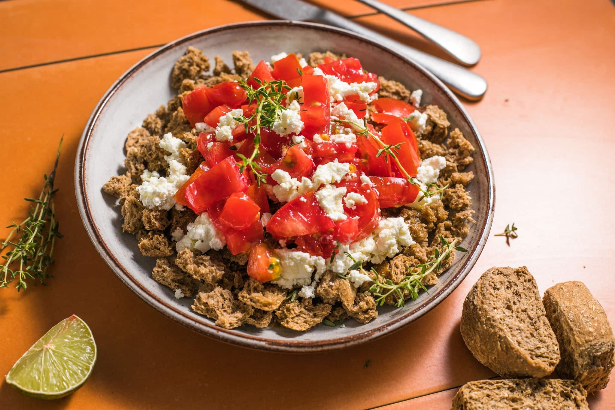 Dakos greece salad. Rusks with tomatoes and feta cheese.
