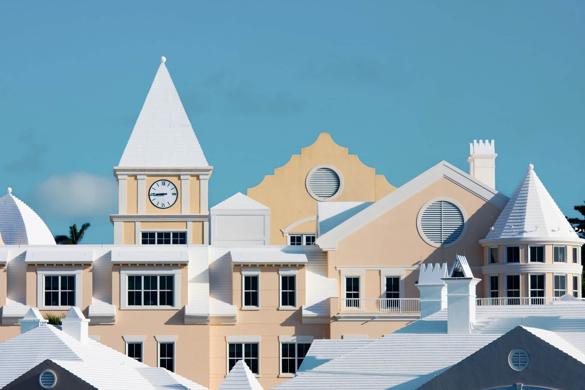 Bermudian architecture along the waterfront of Hamilton, Bermuda.