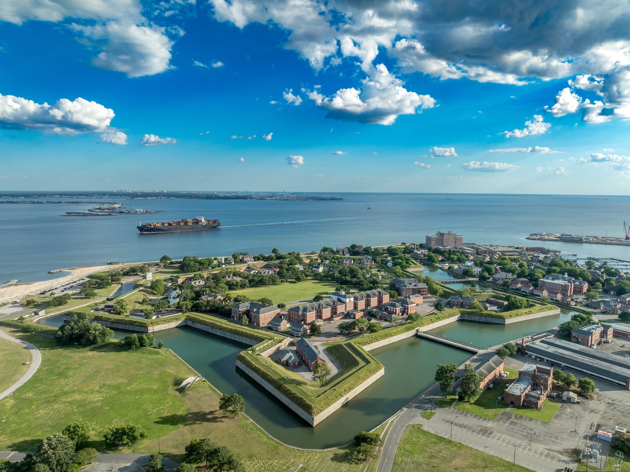 Aerial view of Fort Monroe star shaped military fort protecting Norfolk surrounded with a water filled moat