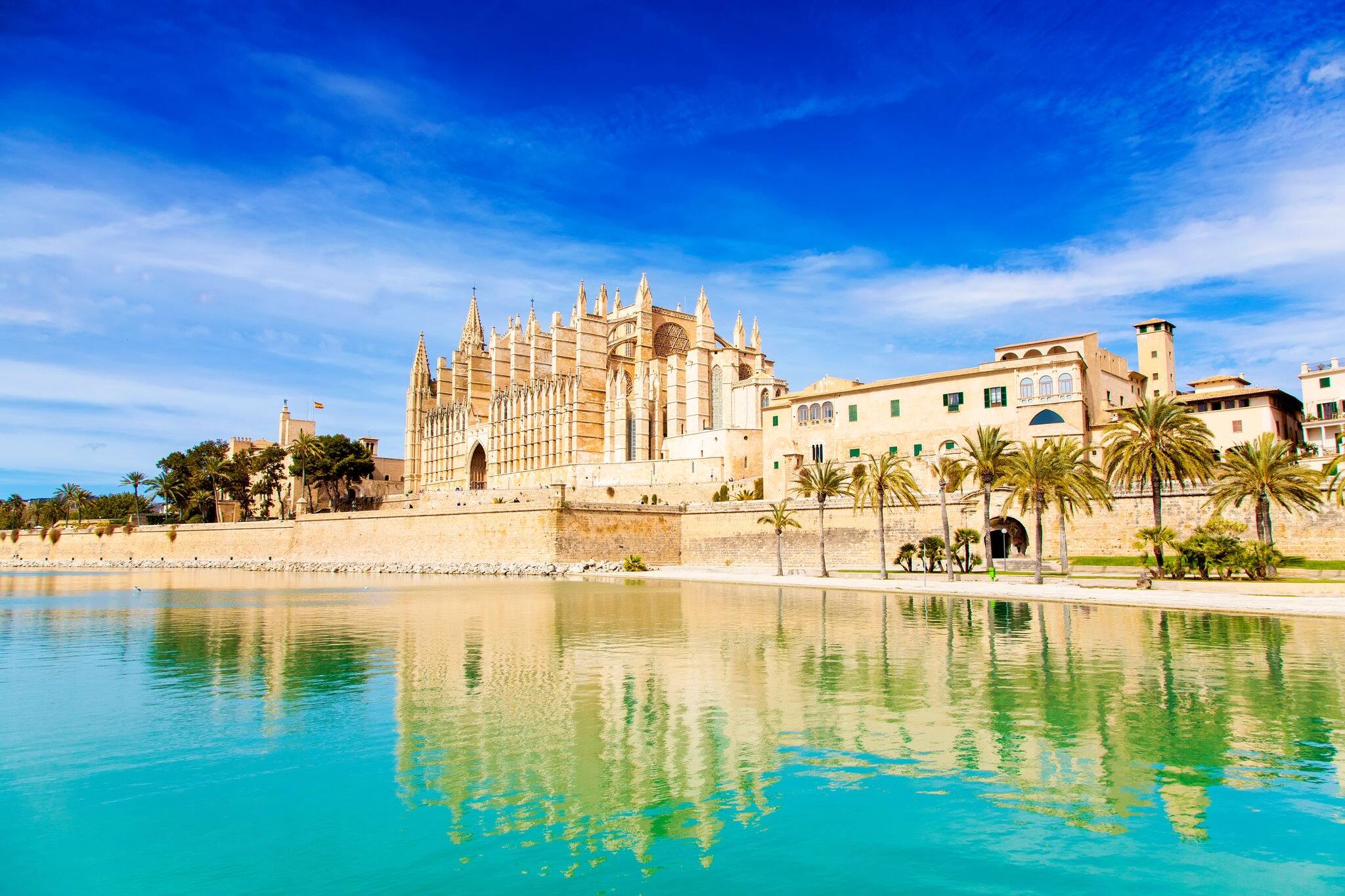 Panorama of Palma de Mallorca Cathedral, Majorca island, Spain. Full name is Cathedral of Santa Maria of Palma (Cathedral of St. Mary of Palma), also known as La Seu cathedral.