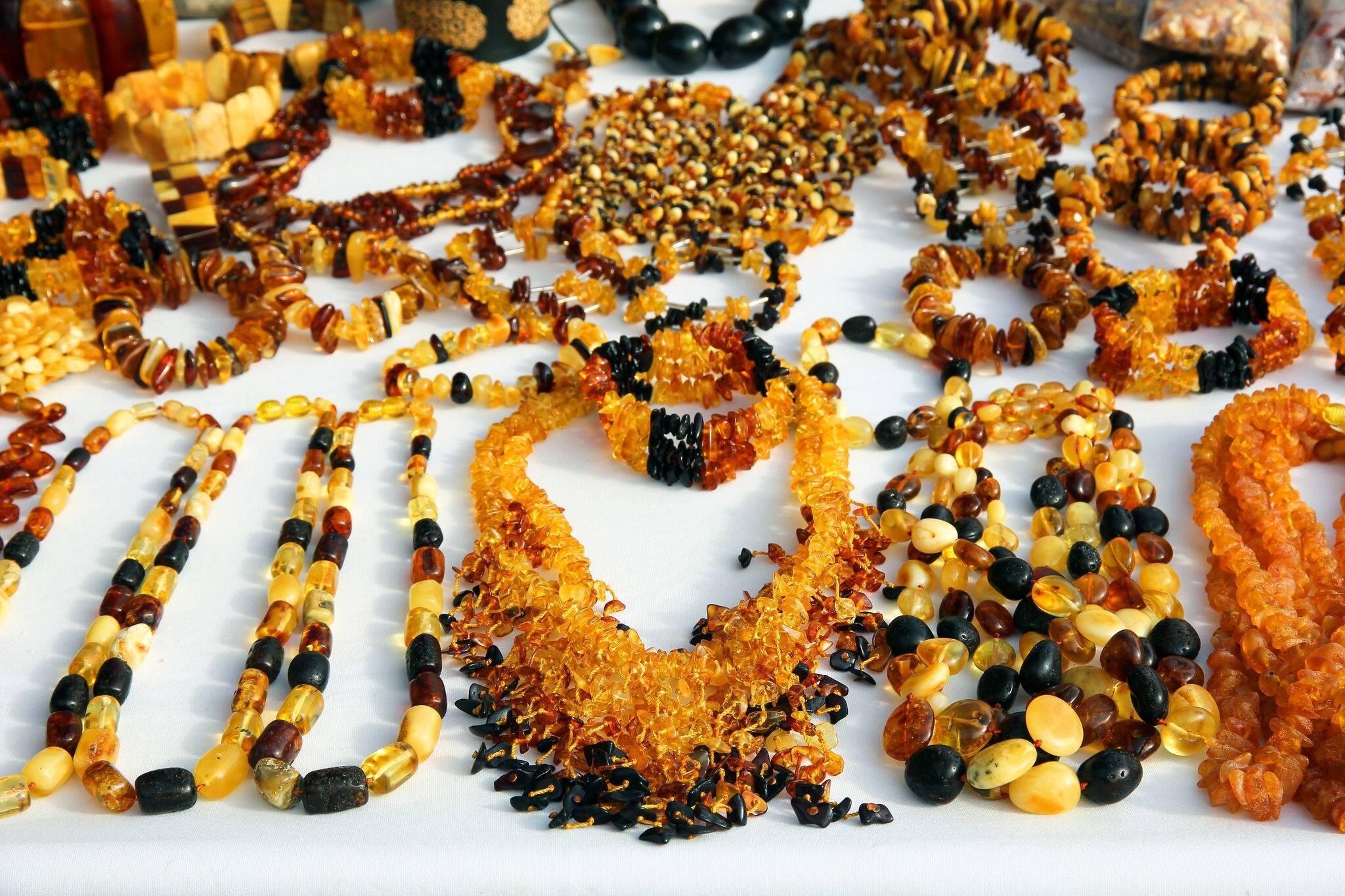 Beautiful Amber Jewellery. Baltic Souvenirs Necklaces and Bracelets on Sale in Klaipeda, Lithuania.