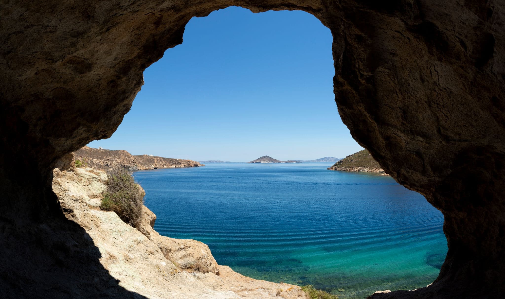 View of the Aegean sea from the Kalikatsou cave in Patmos