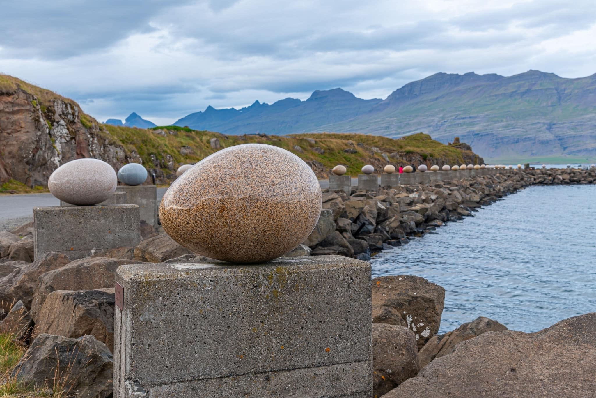 the Eggs at Merry Bay sculpture at Djupivogur village on Iceland