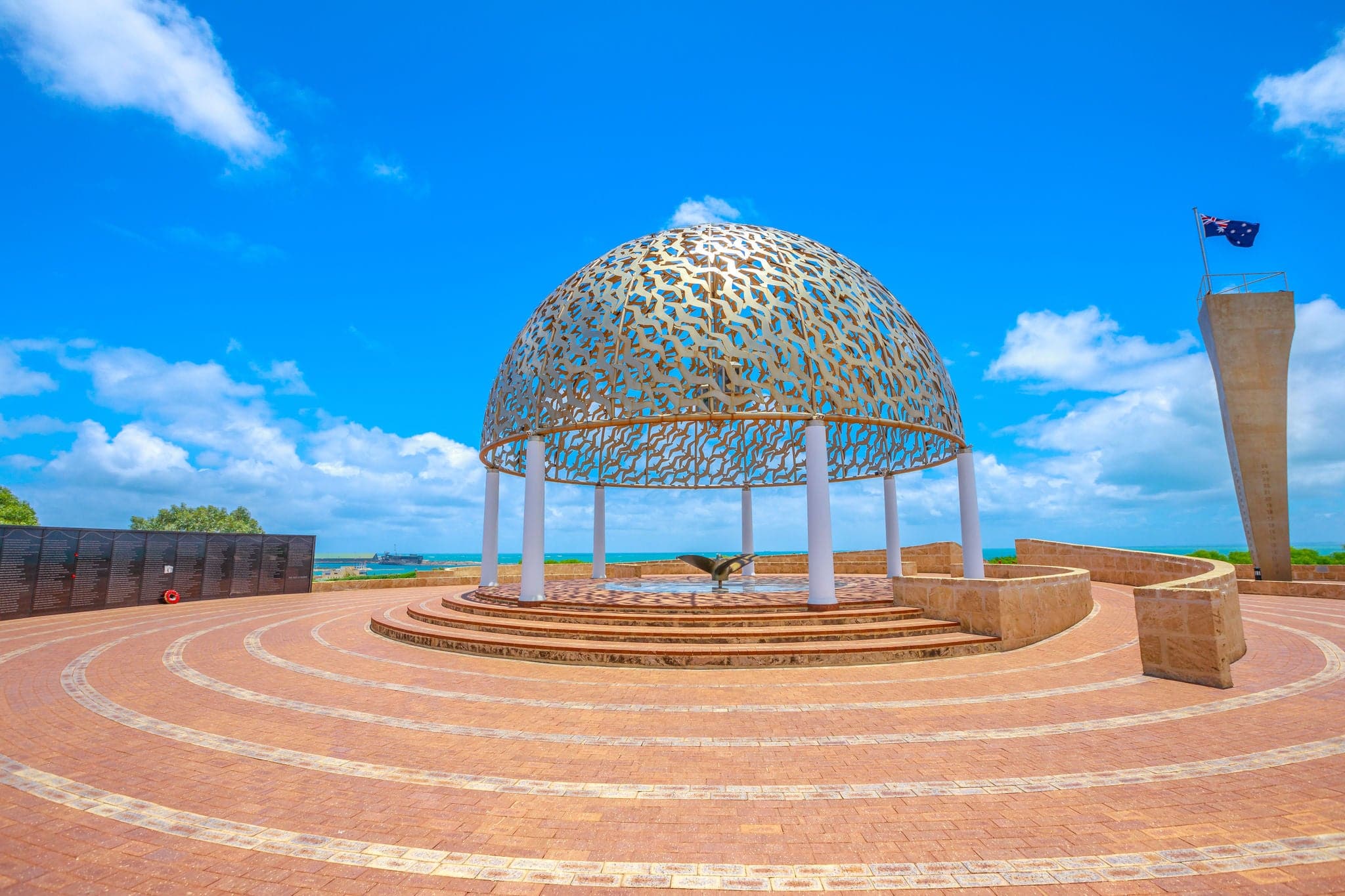 The dome of soul of the HMAS Sydney II Memorial in Geraldton, on hill in the middle of town, Western Australia. Sunny day with blue sky. Famous site in Geraldton.