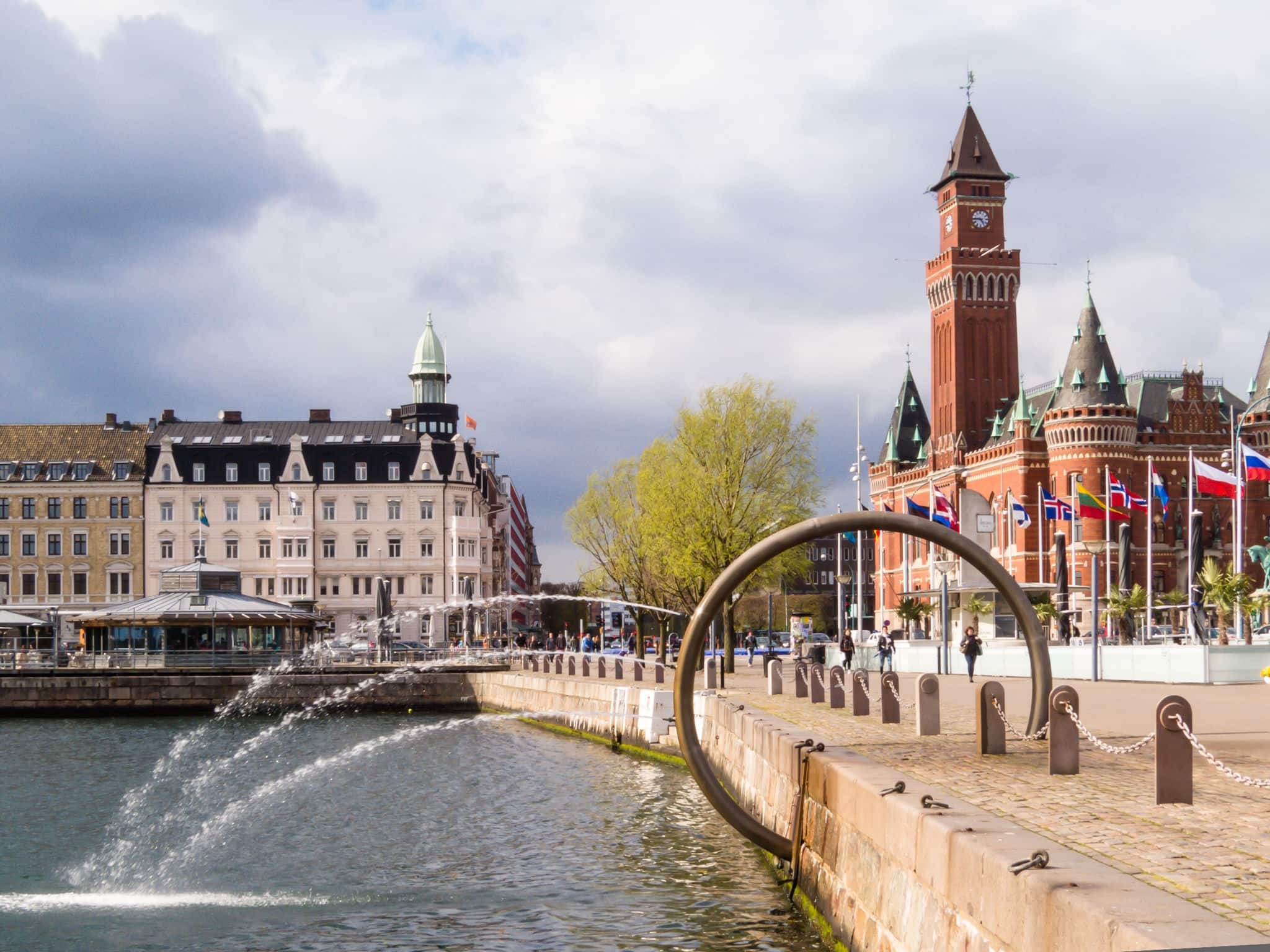 The fountain on the embankment and Town Hall, Helsinborg, Sweden