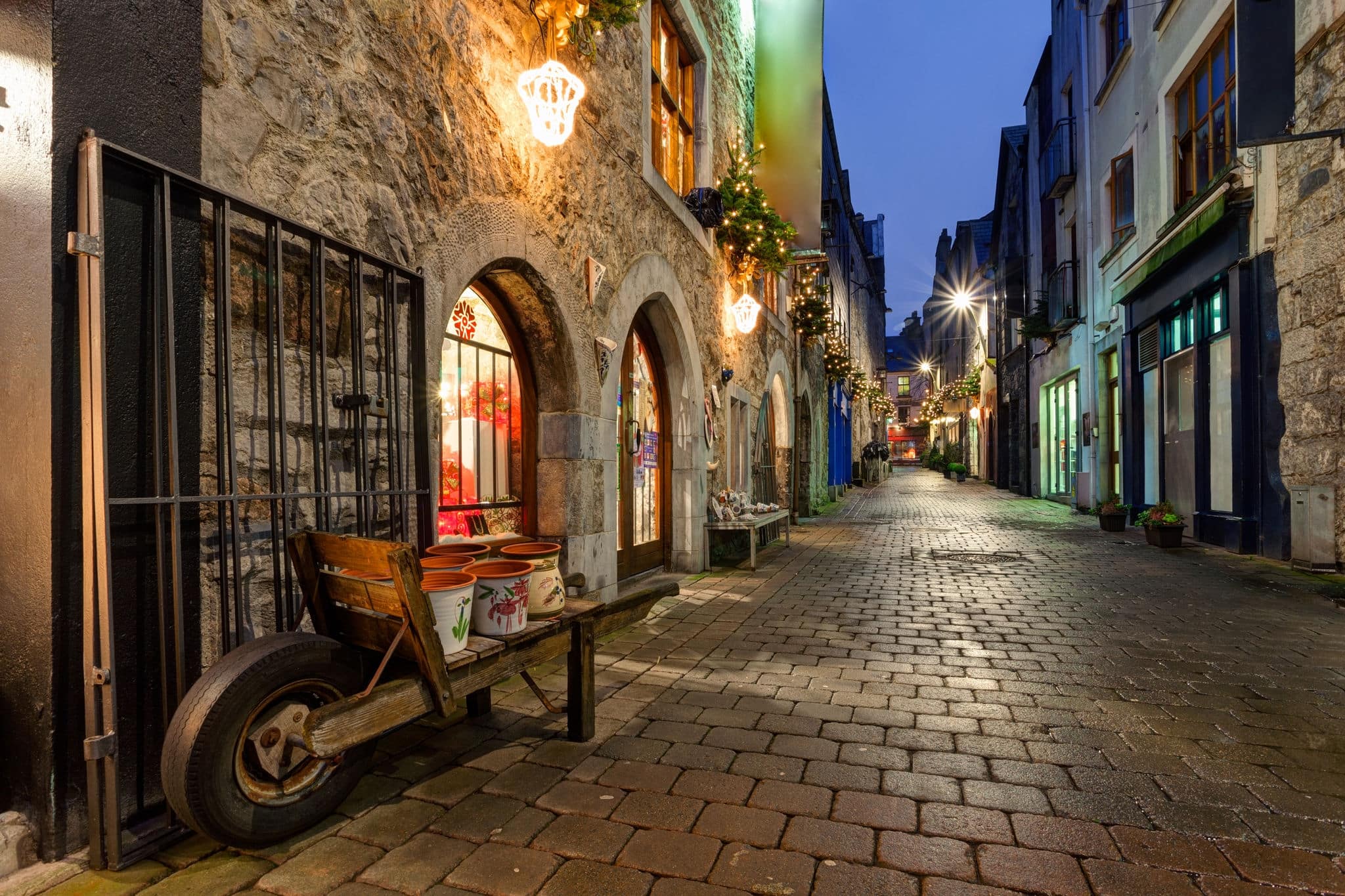 Old street in Galway, Kerwan's Lane, decorated with christmas lights, night scene